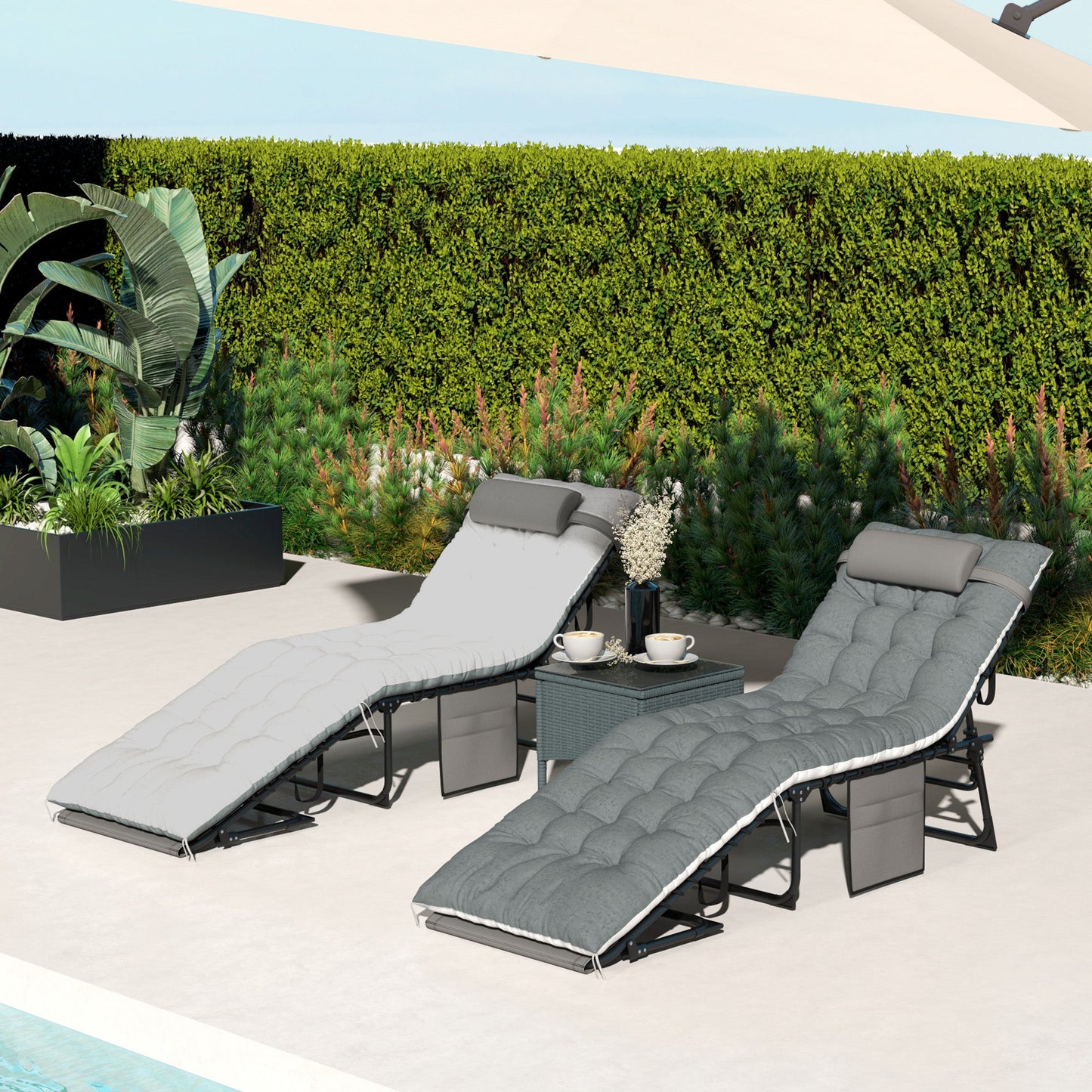 Folding Outdoor Lounge Chair Set of 2, 5-Position Reclining Patio Chaise Lounge Chairs, Tanning Chair with Cushion, Headrest, Side Pocket for Beach, Poolside, Grey
