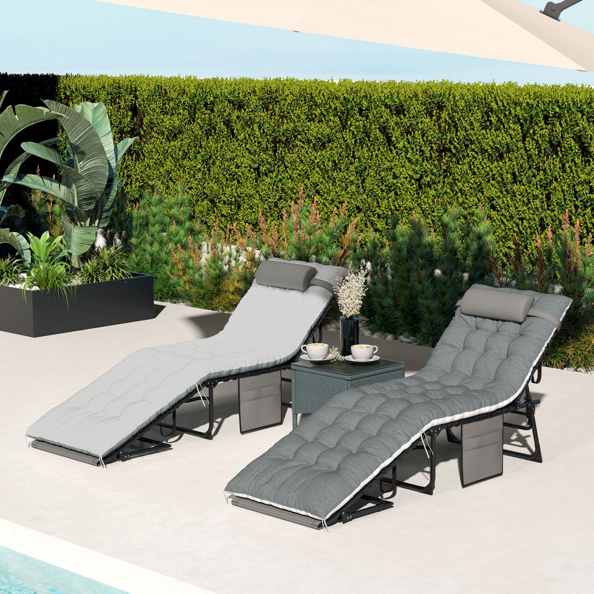 Folding Outdoor Lounge Chair Set of 2, 5-Position Reclining Patio Chaise Lounge Chairs, Tanning Chair with Cushion, Headrest, Side Pocket for Beach, Poolside, Grey