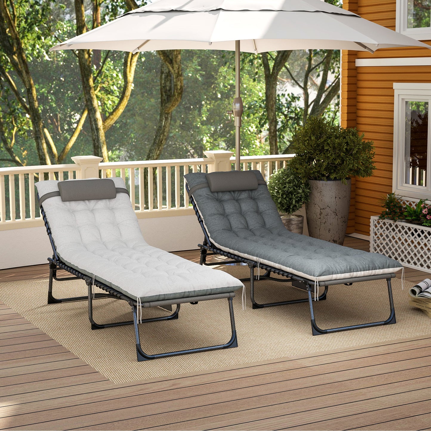 Folding Outdoor Lounge Chair Set of 2, 5-Position Reclining Patio Chaise Lounge Chairs, Tanning Chair with Cushion, Headrest, Side Pocket for Beach, Poolside, Grey