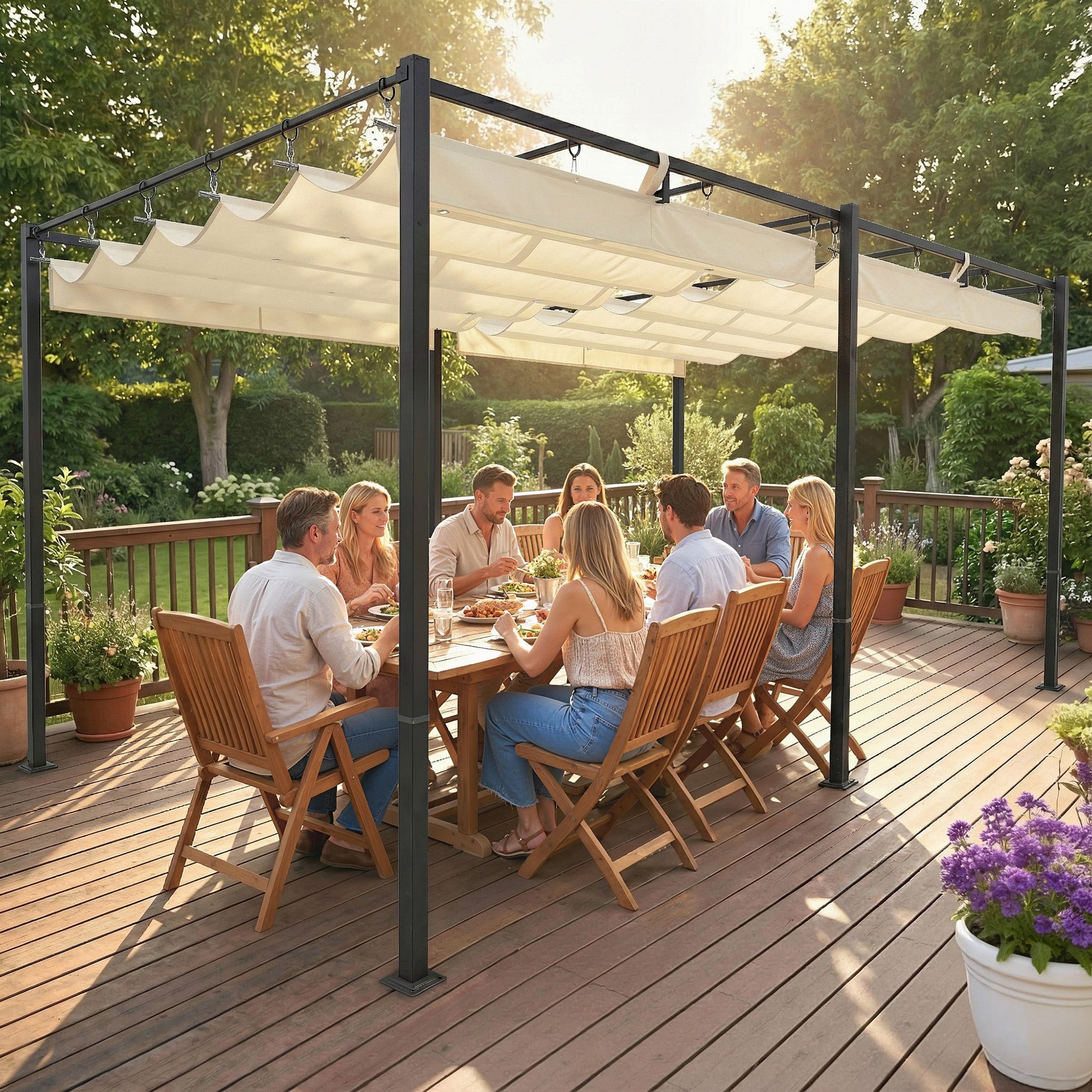 19' x 10' Pergola with Retractable Canopy, Patio Pergola with Sun Shade Shelter, UV50+ and Water-Repellent for Patio, Garden, Cream White