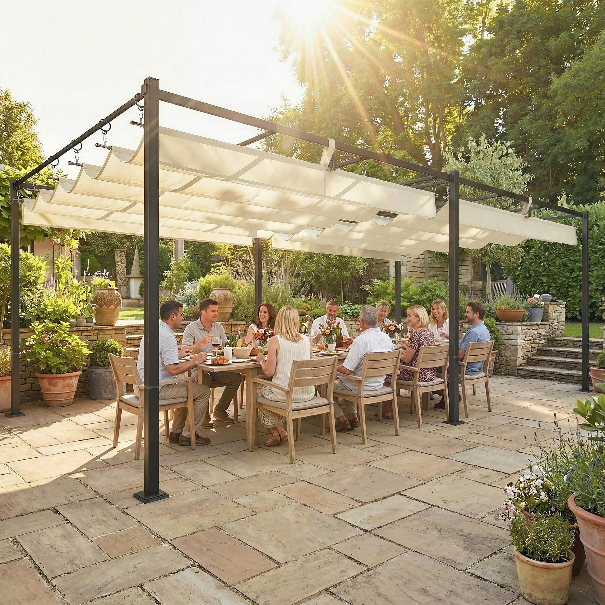 19' x 10' Pergola with Retractable Canopy, Patio Pergola with Sun Shade Shelter, UV50+ and Water-Repellent for Patio, Garden, Cream White