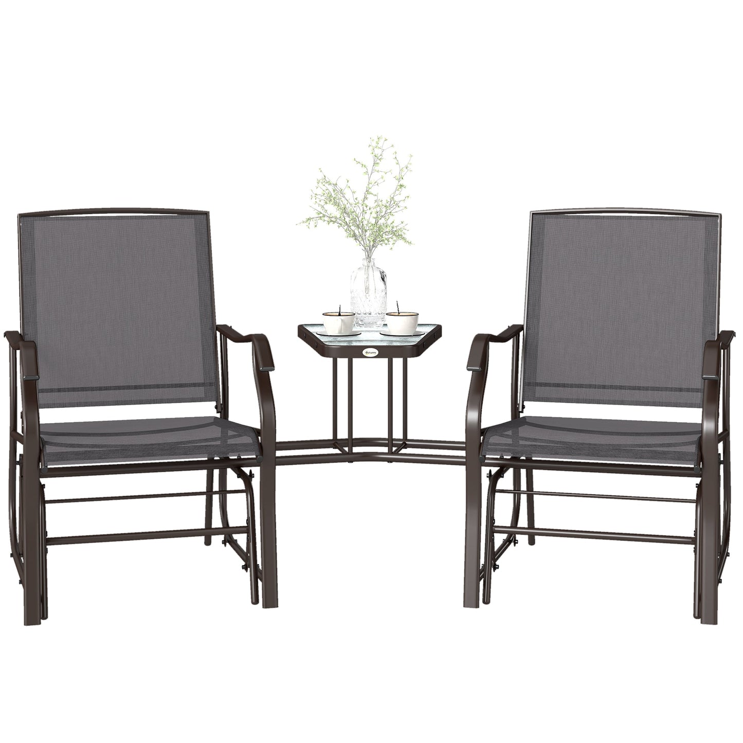 Double Patio Glider Chair with Glass Top Center Table, Outdoor Glider Loveseat with High Back,  All Weather Breathable Mesh Fabric for Garden, Backyard, Deck, Grey