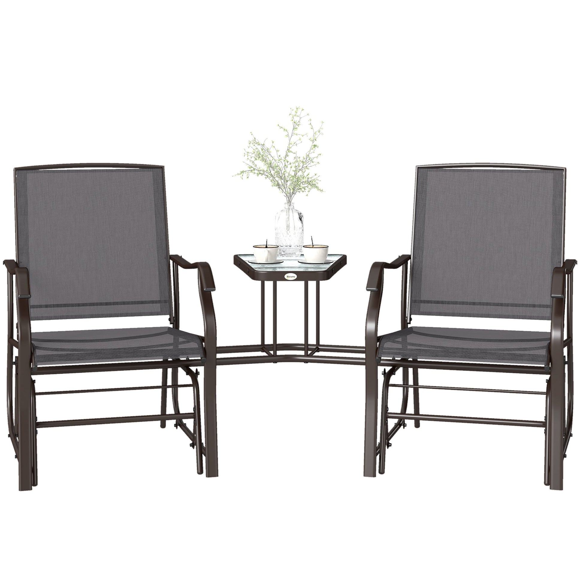 Double Patio Glider Chair with Glass Top Center Table, Outdoor Glider Loveseat with High Back,  All Weather Breathable Mesh Fabric for Garden, Backyard, Deck, Grey