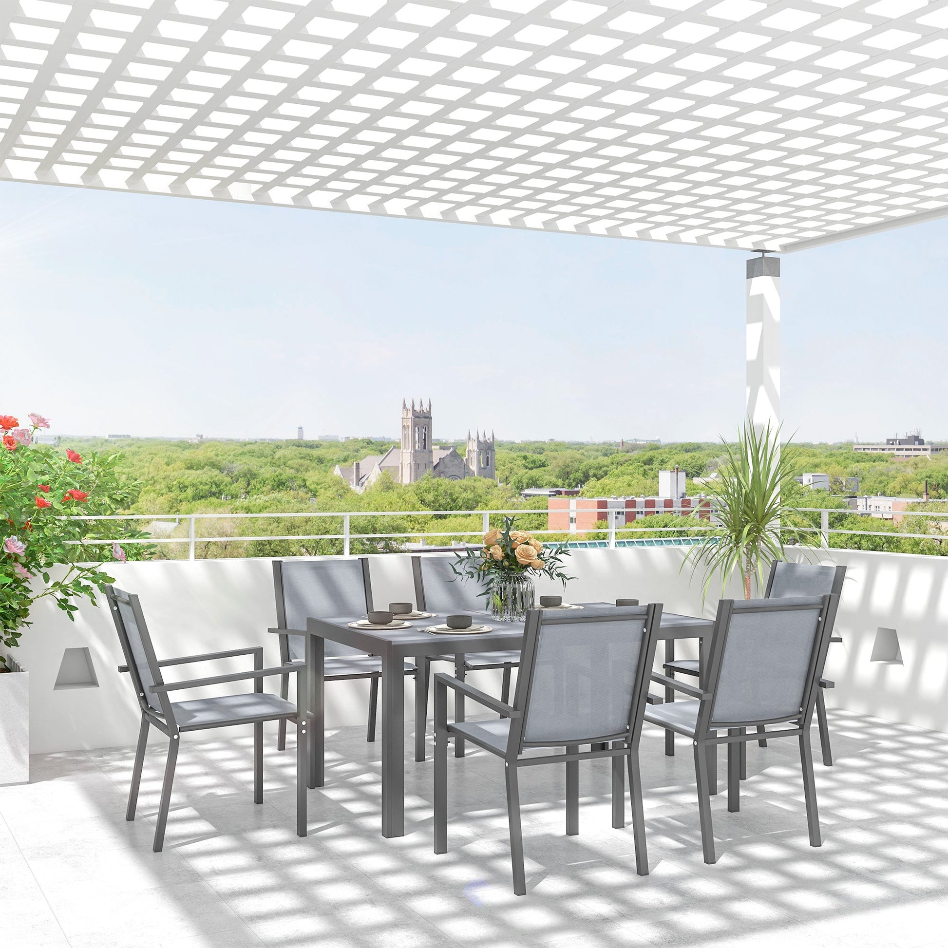 7 Piece Patio Dining Set, Outdoor Dining Table and 6 Stackable Chairs, Metal Patio Furniture Set with WPC Top, Breathable Mesh for Garden, Backyard, Poolside, Light Grey