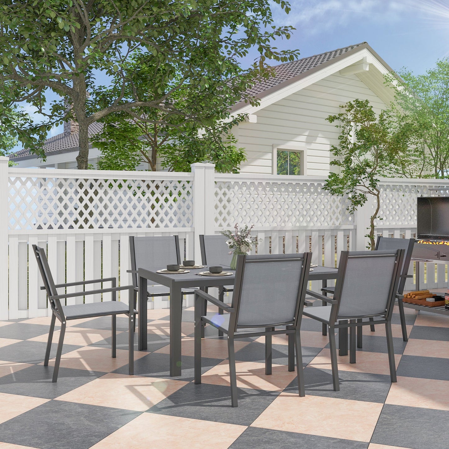 7 Piece Patio Dining Set, Outdoor Dining Table and 6 Stackable Chairs, Metal Patio Furniture Set with WPC Top, Breathable Mesh for Garden, Backyard, Poolside, Light Grey