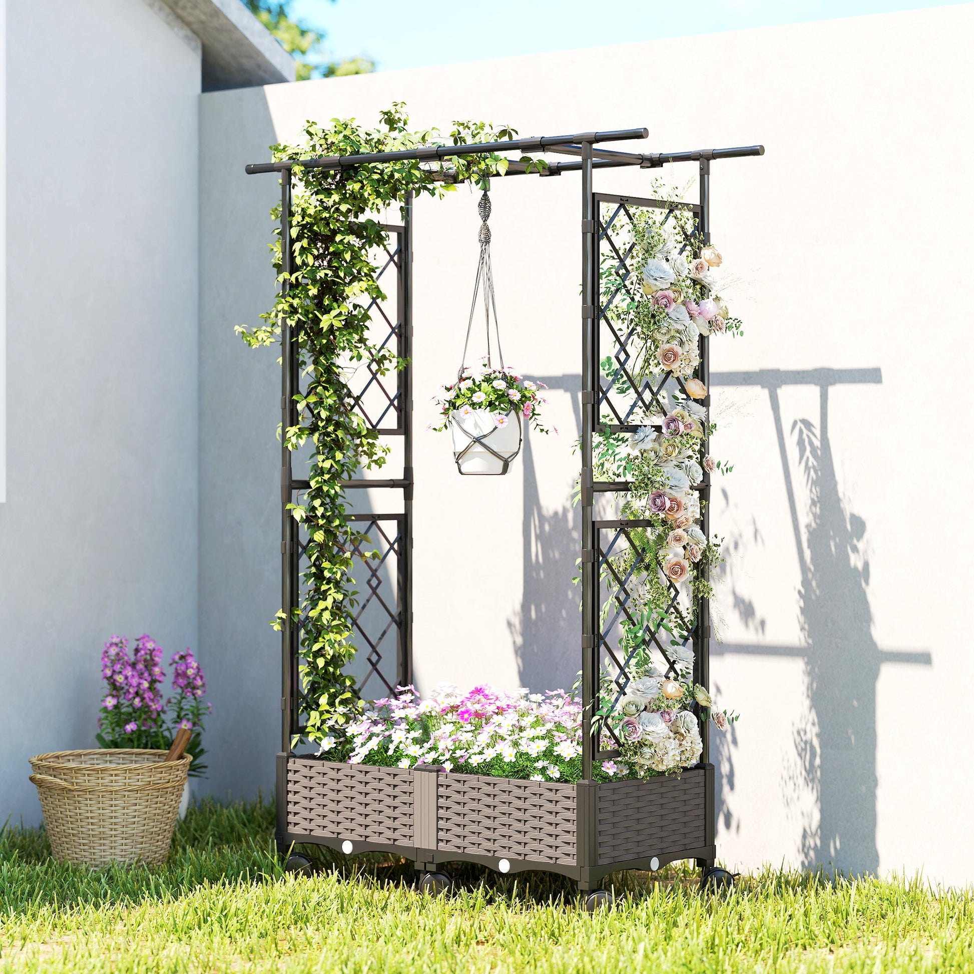 Raised Garden Bed with Arch Trellis, Raised Bed for Garden on Wheels with Side Trellis, Self Watering Outdoor Planter Box for Climbing Plants, Flowers, Herbs