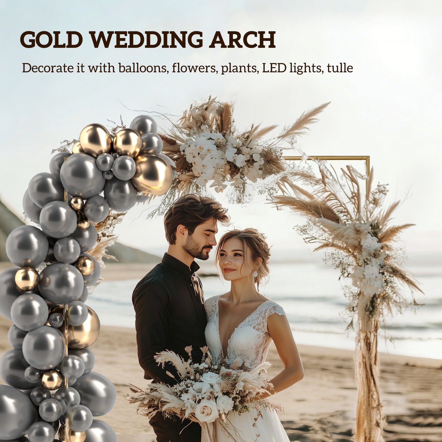 6.6 FT Wedding Arch Backdrop Stand, Square Wedding Arch with U-shaped Stakes, Gold Metal Backdrop Stand for Birthday Parties, Bridal Showers, Graduation, Ceremony