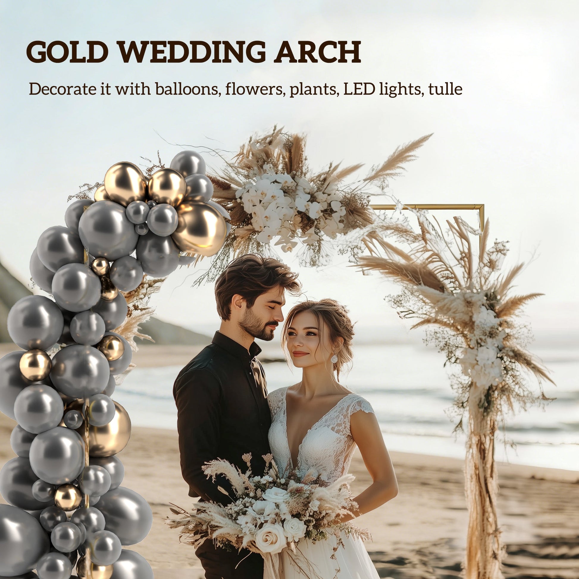 6.6 FT Wedding Arch Backdrop Stand, Square Wedding Arch with U-shaped Stakes, Gold Metal Backdrop Stand for Birthday Parties, Bridal Showers, Graduation, Ceremony