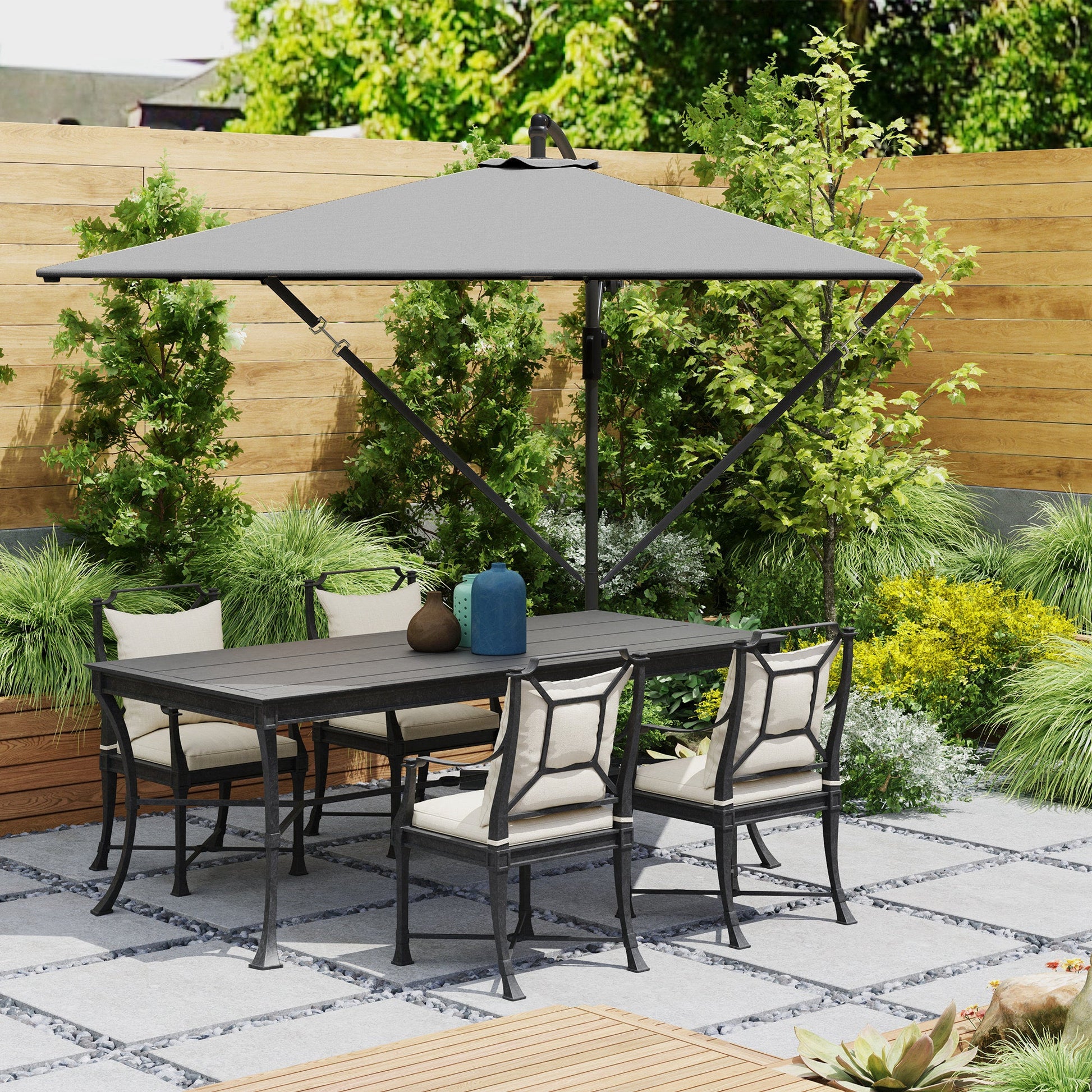 Patio Offset Umbrella UPF 50+ UV Protection, Water-Resistant, Crank Parasol with Base, Cover & Wind Securing, Tiltable Garden Umbrella for Balcony & Patio, Grey