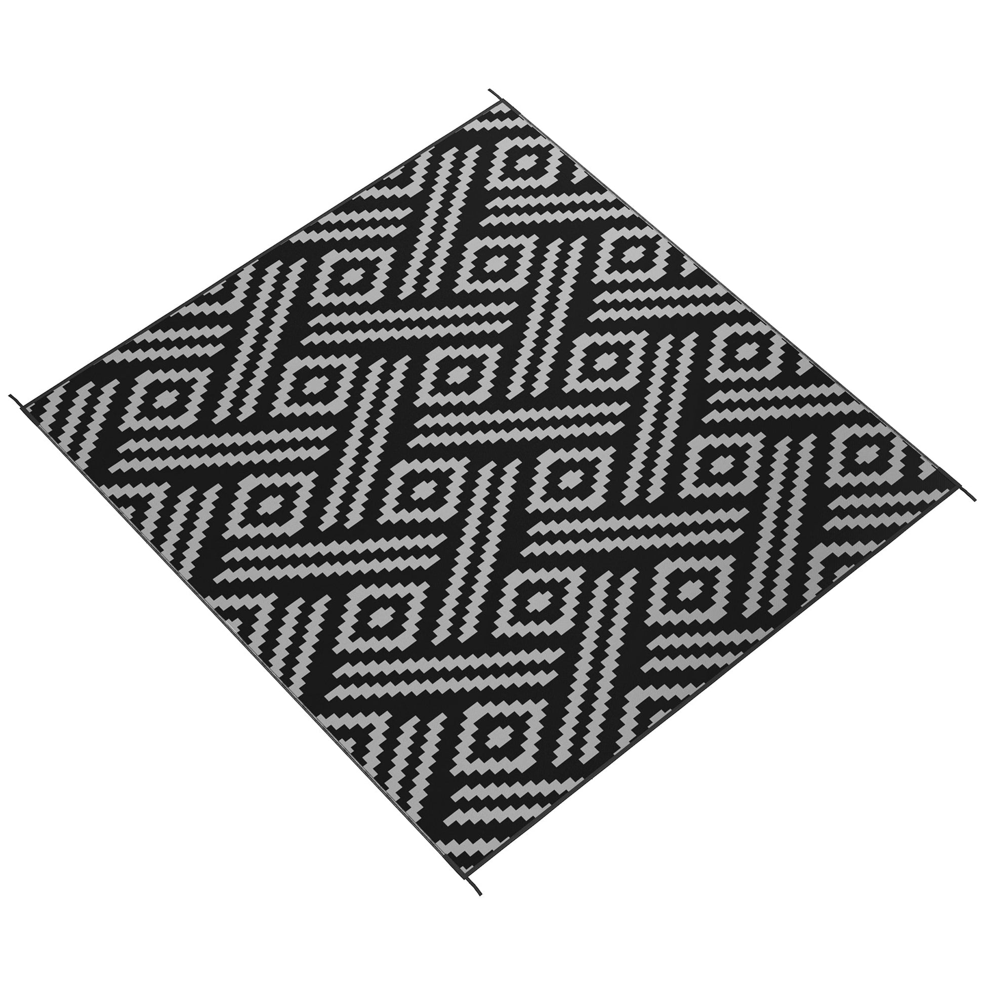 Portable Outdoor Rug with Carry Bag, 8' x 10' Reversible Mat, Waterproof Plastic Straw RV Rug for Backyard, Deck, Picnic, Beach, Camping, Black and Grey Geometric