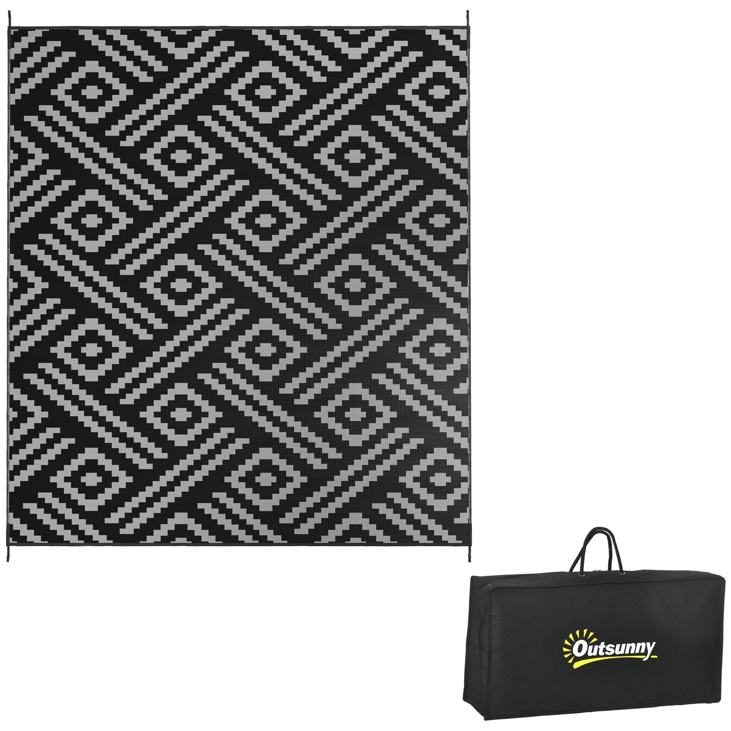 Portable Outdoor Rug with Carry Bag, 8' x 10' Reversible Mat, Waterproof Plastic Straw RV Rug for Backyard, Deck, Picnic, Beach, Camping, Black and Grey Geometric