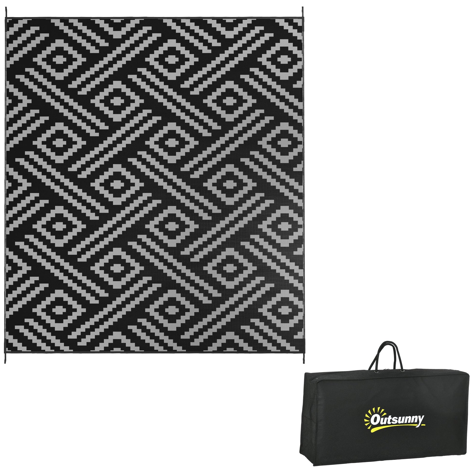 Portable Outdoor Rug with Carry Bag, 8' x 10' Reversible Mat, Waterproof Plastic Straw RV Rug for Backyard, Deck, Picnic, Beach, Camping, Black and Grey Geometric