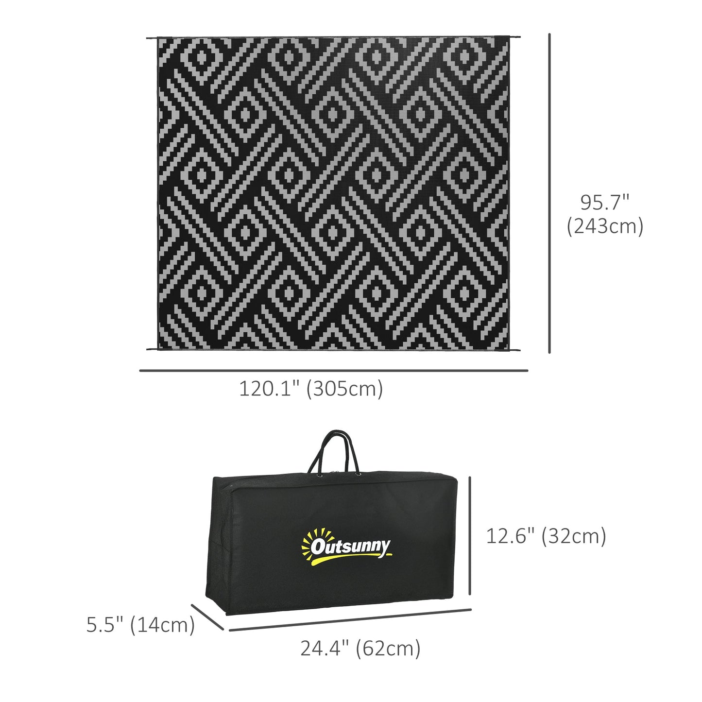 Portable Outdoor Rug with Carry Bag, 8' x 10' Reversible Mat, Waterproof Plastic Straw RV Rug for Backyard, Deck, Picnic, Beach, Camping, Black and Grey Geometric