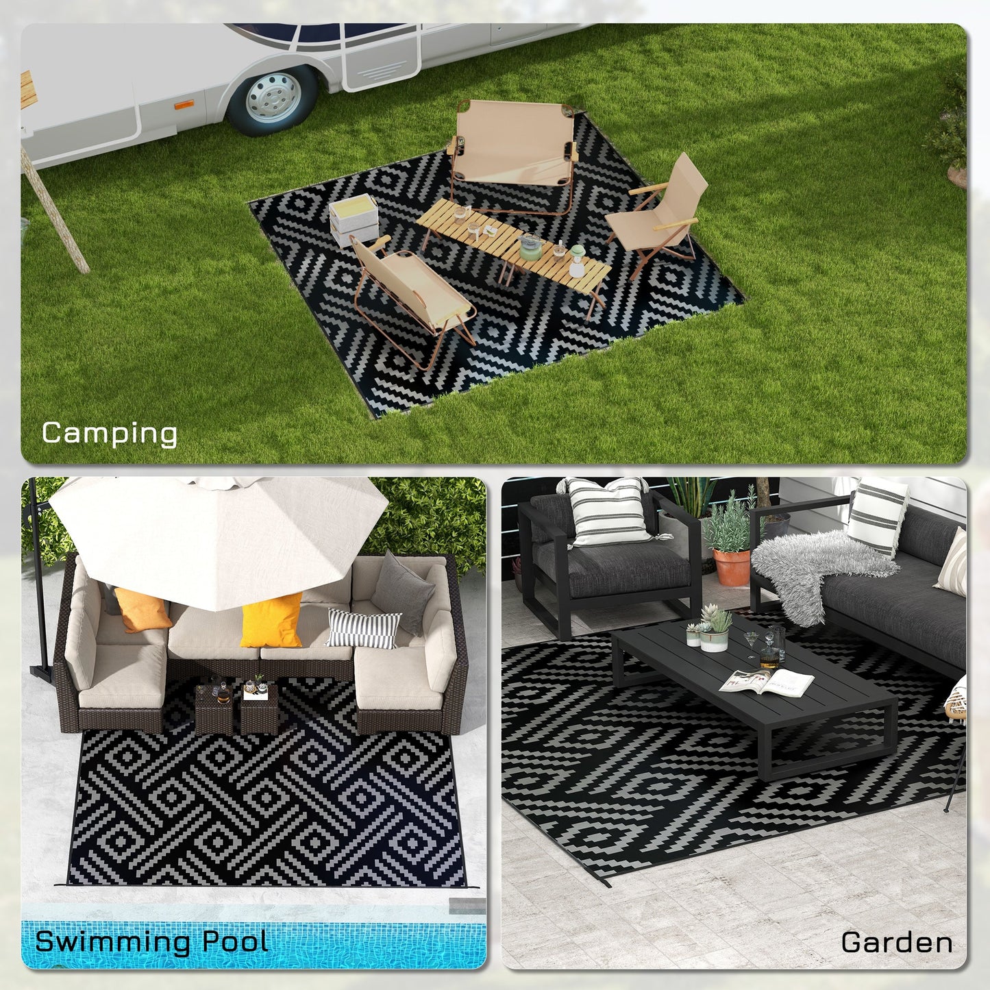 Portable Outdoor Rug with Carry Bag, 8' x 10' Reversible Mat, Waterproof Plastic Straw RV Rug for Backyard, Deck, Picnic, Beach, Camping, Black and Grey Geometric