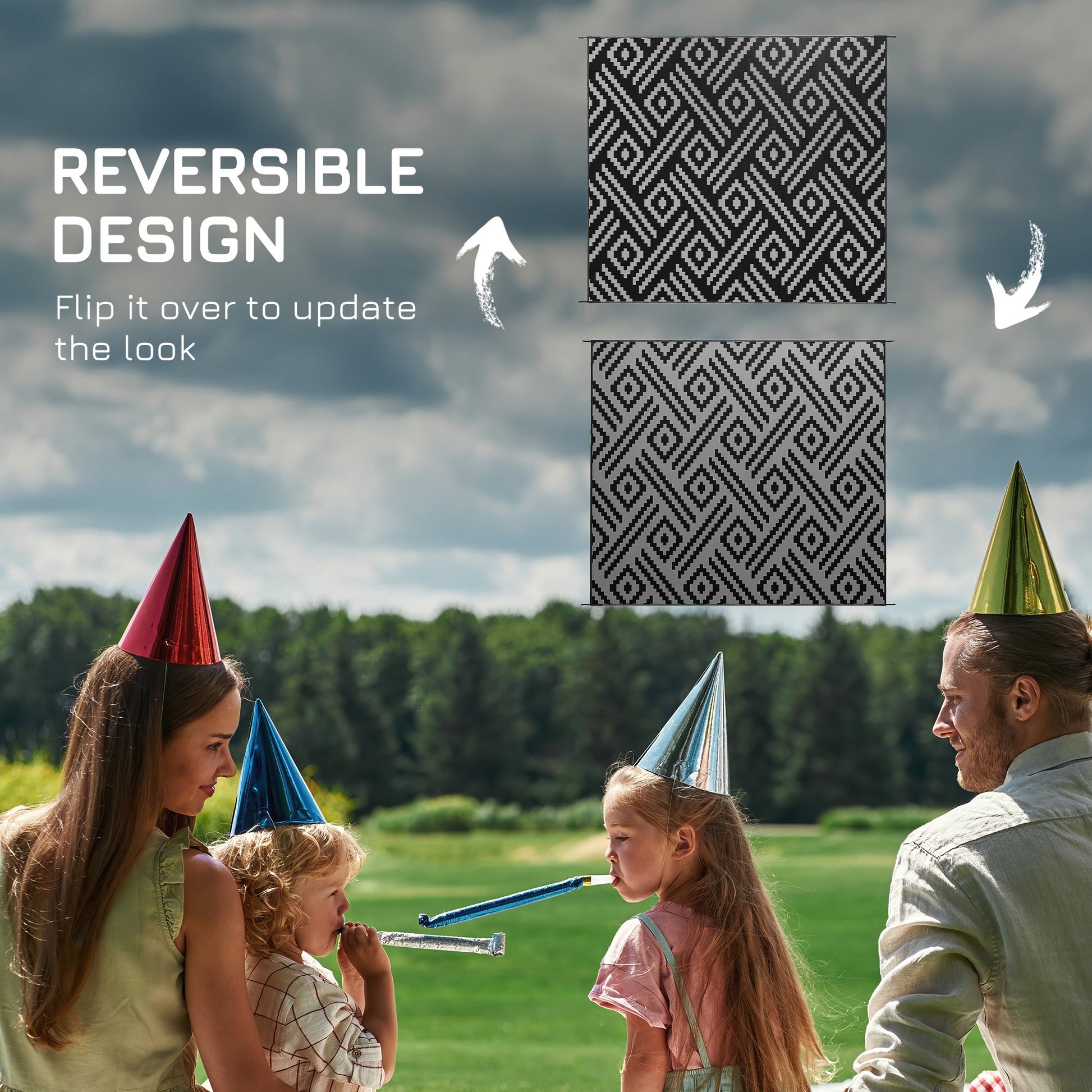 Portable Outdoor Rug with Carry Bag, 8' x 10' Reversible Mat, Waterproof Plastic Straw RV Rug for Backyard, Deck, Picnic, Beach, Camping, Black and Grey Geometric