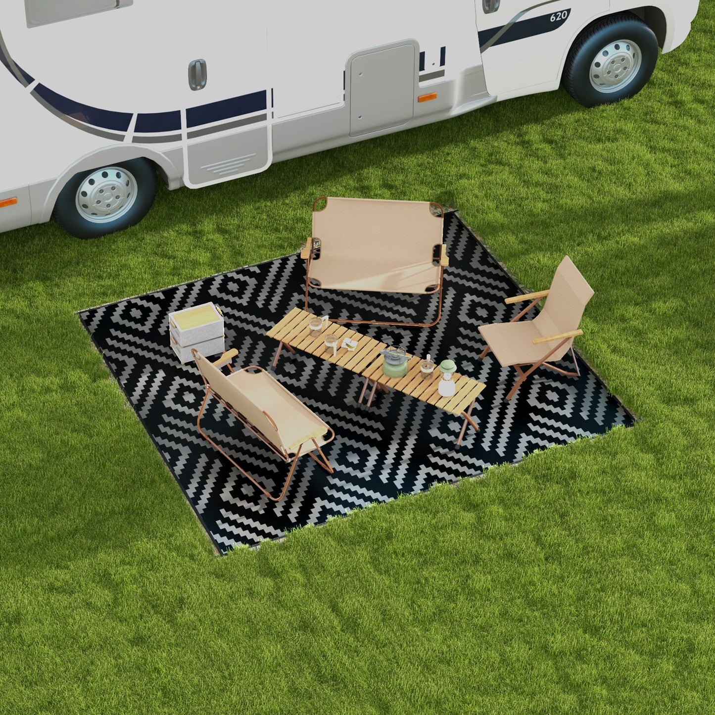 Portable Outdoor Rug with Carry Bag, 8' x 10' Reversible Mat, Waterproof Plastic Straw RV Rug for Backyard, Deck, Picnic, Beach, Camping, Black and Grey Geometric