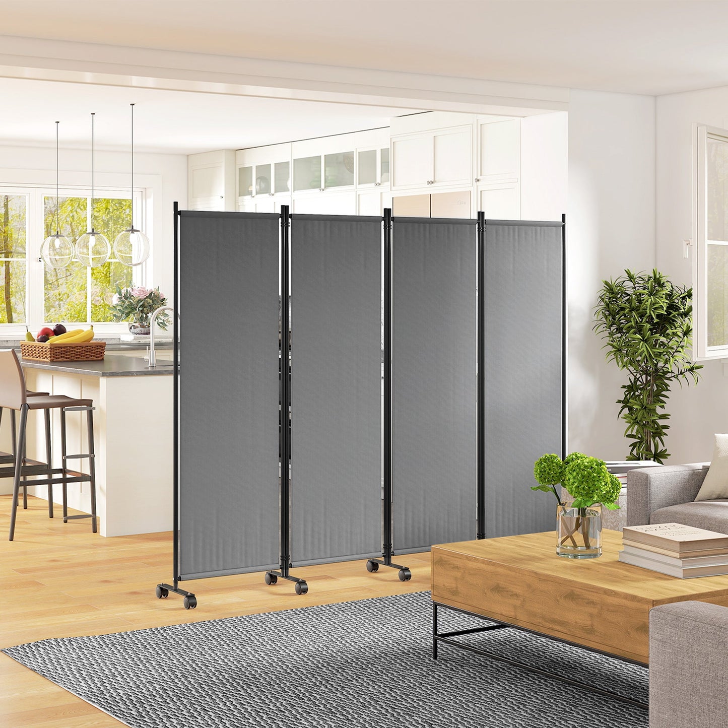 4 Panel Folding Room Divider with Lockable Wheels, 5.6ft Rolling Privacy Screen, Portable Freestanding Room Partition Separator for Home Office Bedroom, Dark Grey