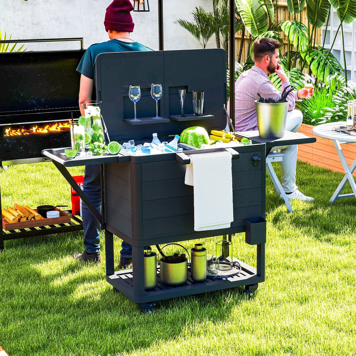 104 Quart Patio Cooler with Wheels, Holds up to 70 Bottles / 120 Cans, Rolling Ice Chest with Bottle Opener and Shelves, Outdoor Beverage Bar Cart with Handles, Black
