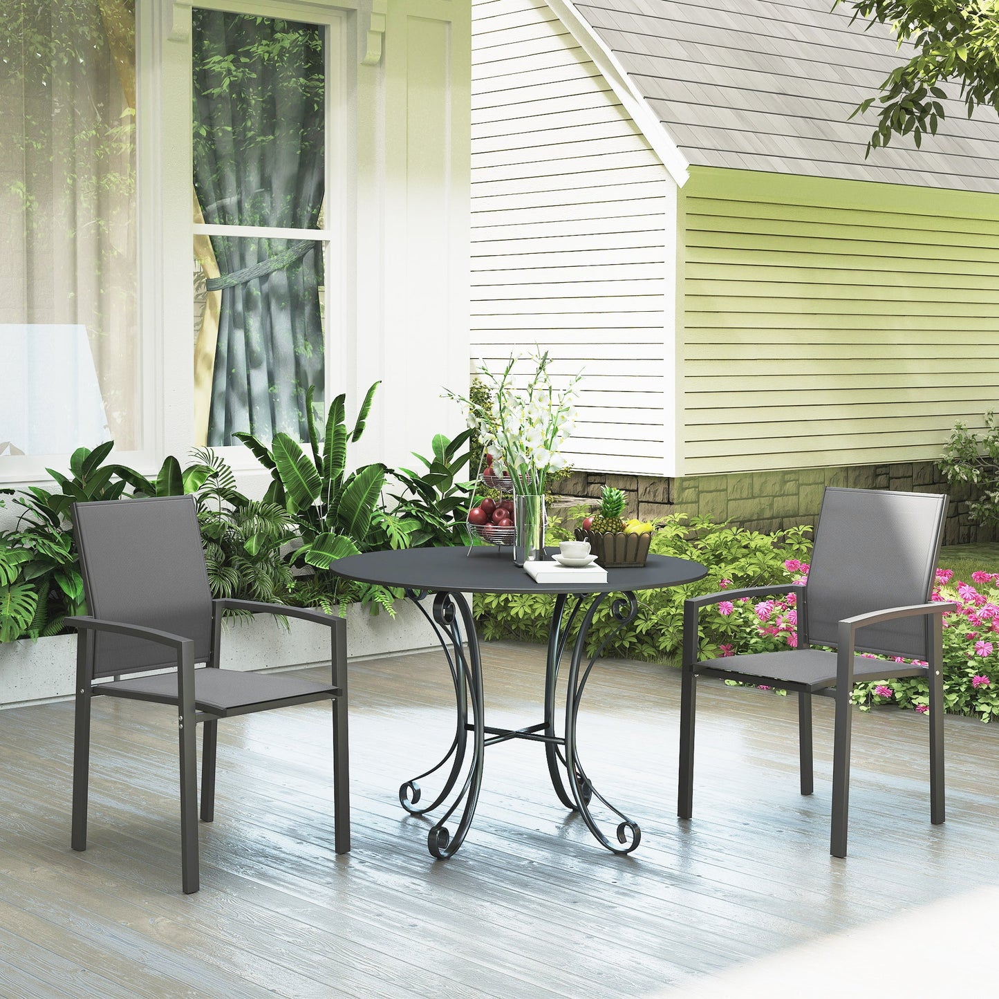 Patio Chairs Set of 2, Stackable Outdoor Patio Dining Chairs with Breathable Mesh Seat and Backrest, Armrests, Steel Frame for Balcony, Backyard, Porch, Dark Grey