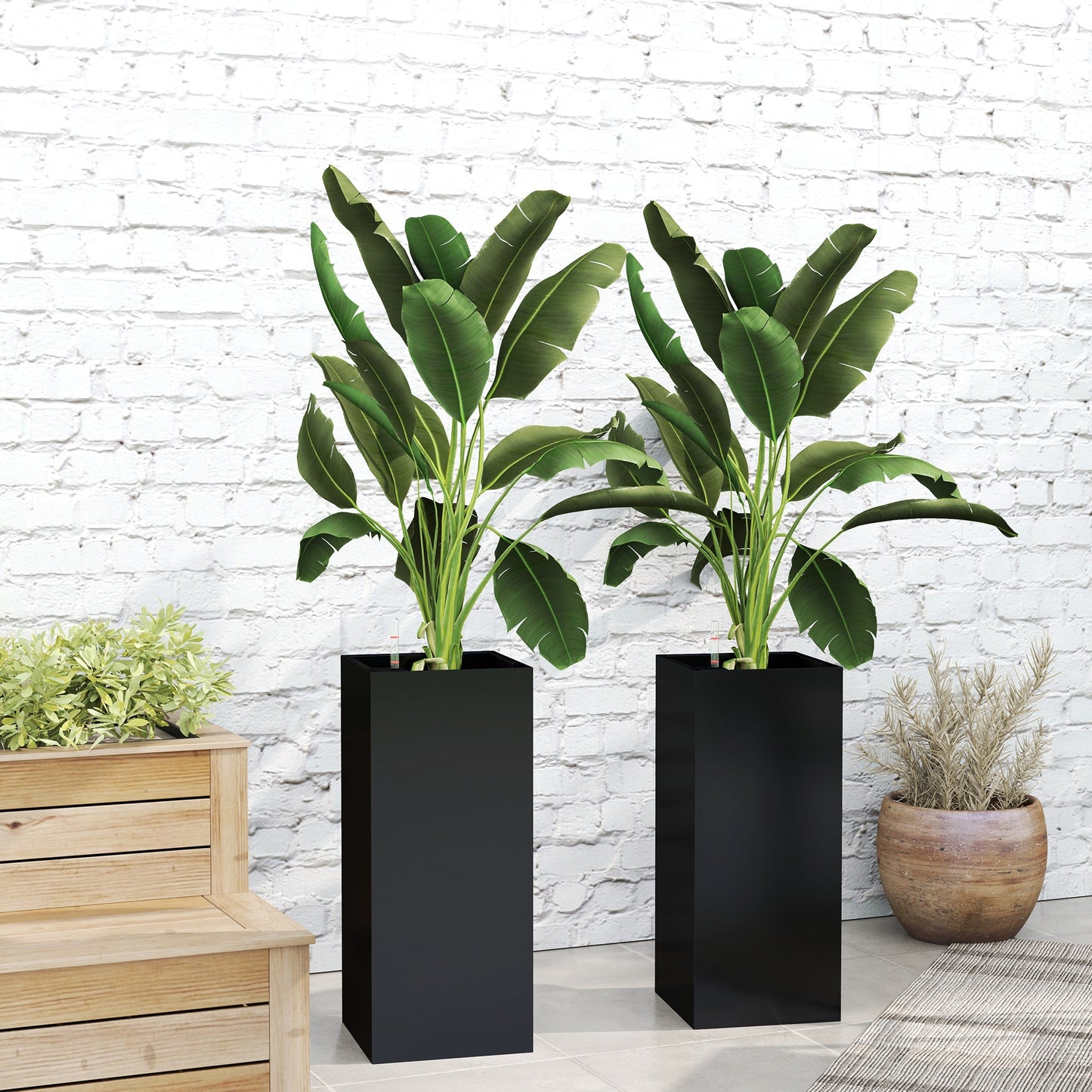 2 Pack Planter Box, 26 Inch Plastic Planter Pots with Water Level Indicator, Flower Pots with Drainage Hole and Drain Plug for Indoor Outdoor, Black