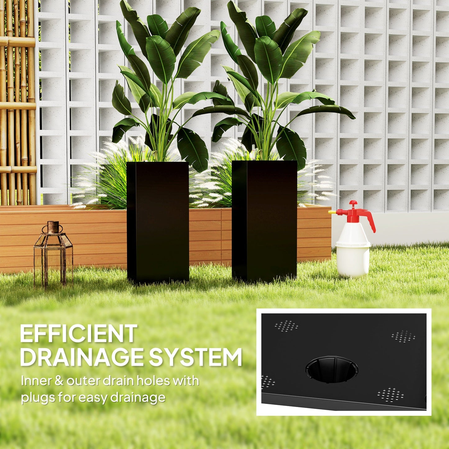 2 Pack Planter Box, 26 Inch Plastic Planter Pots with Water Level Indicator, Flower Pots with Drainage Hole and Drain Plug for Indoor Outdoor, Black