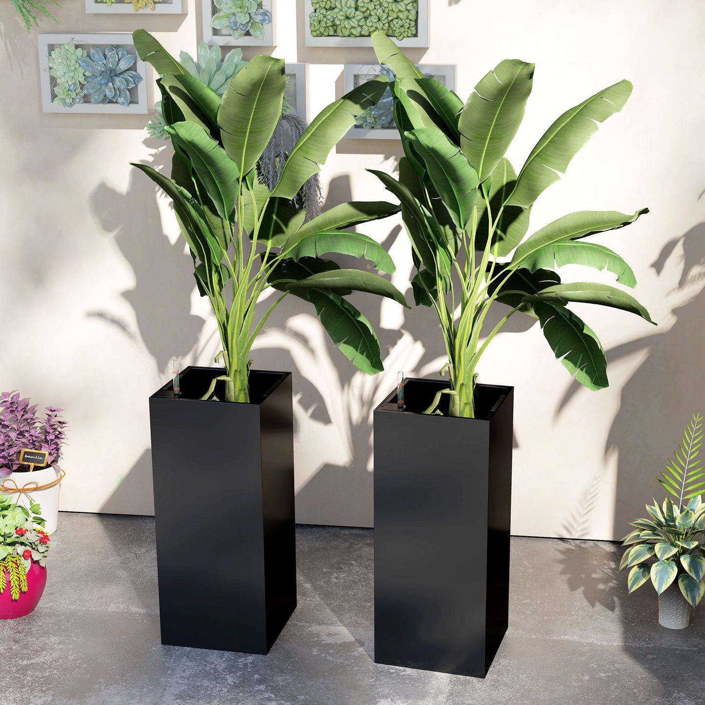 2 Pack Planter Box, 26 Inch Plastic Planter Pots with Water Level Indicator, Flower Pots with Drainage Hole and Drain Plug for Indoor Outdoor, Black