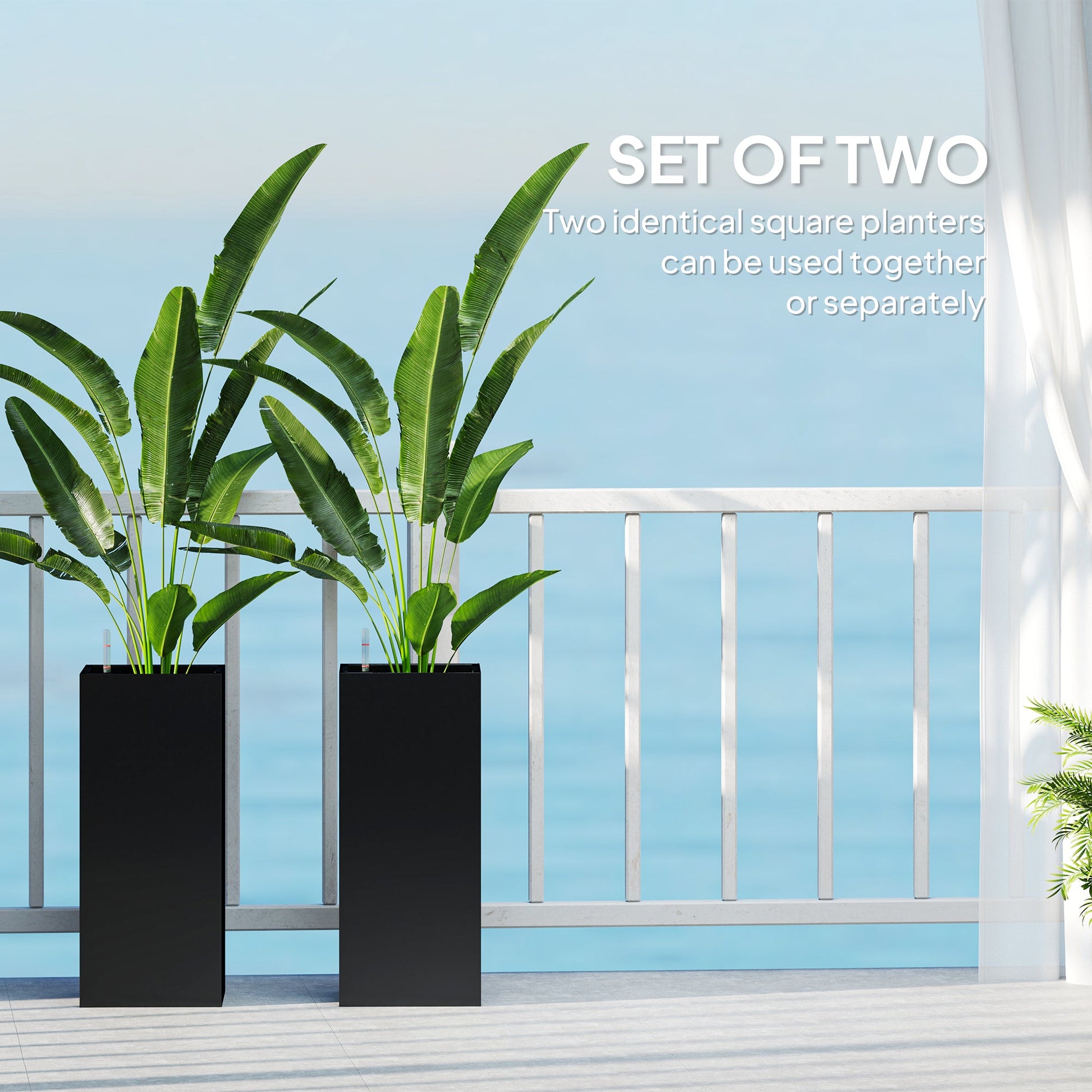 2 Pack Planter Box, 26 Inch Plastic Planter Pots with Water Level Indicator, Flower Pots with Drainage Hole and Drain Plug for Indoor Outdoor, Black