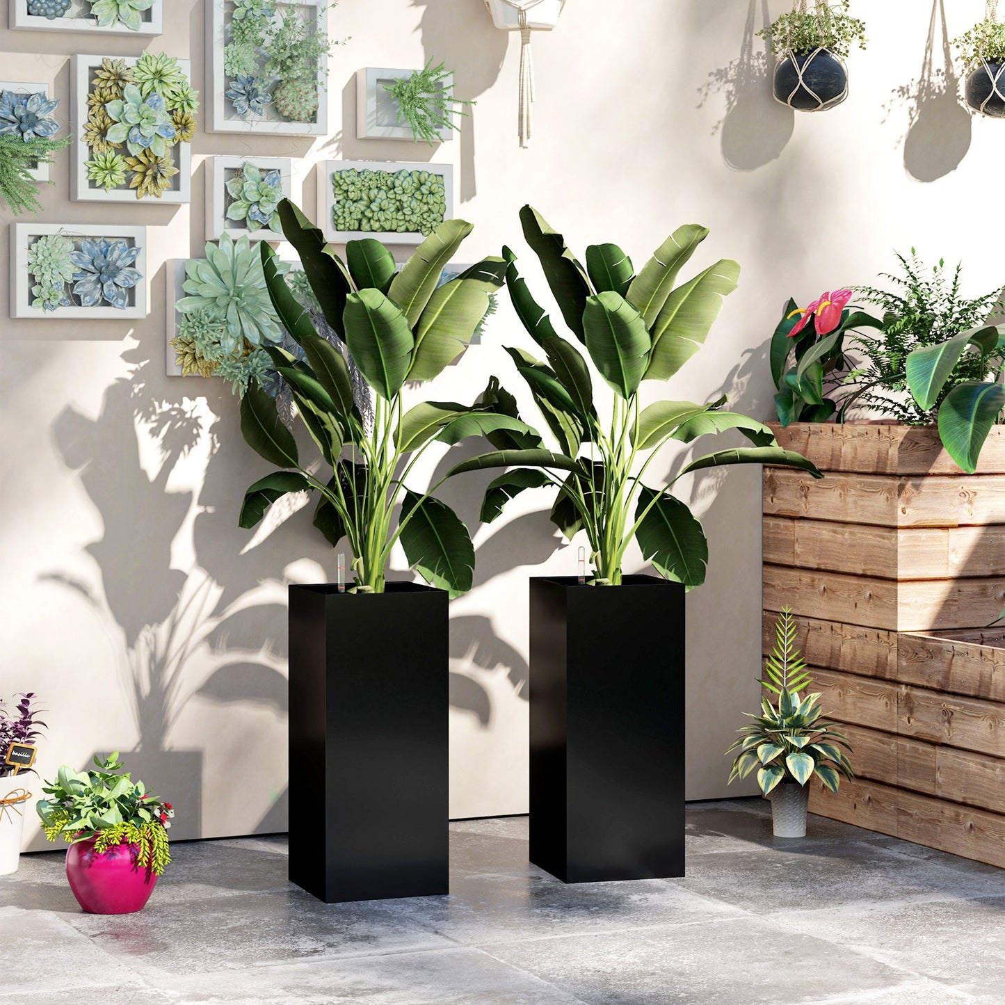 2 Pack Planter Box, 26 Inch Plastic Planter Pots with Water Level Indicator, Flower Pots with Drainage Hole and Drain Plug for Indoor Outdoor, Black
