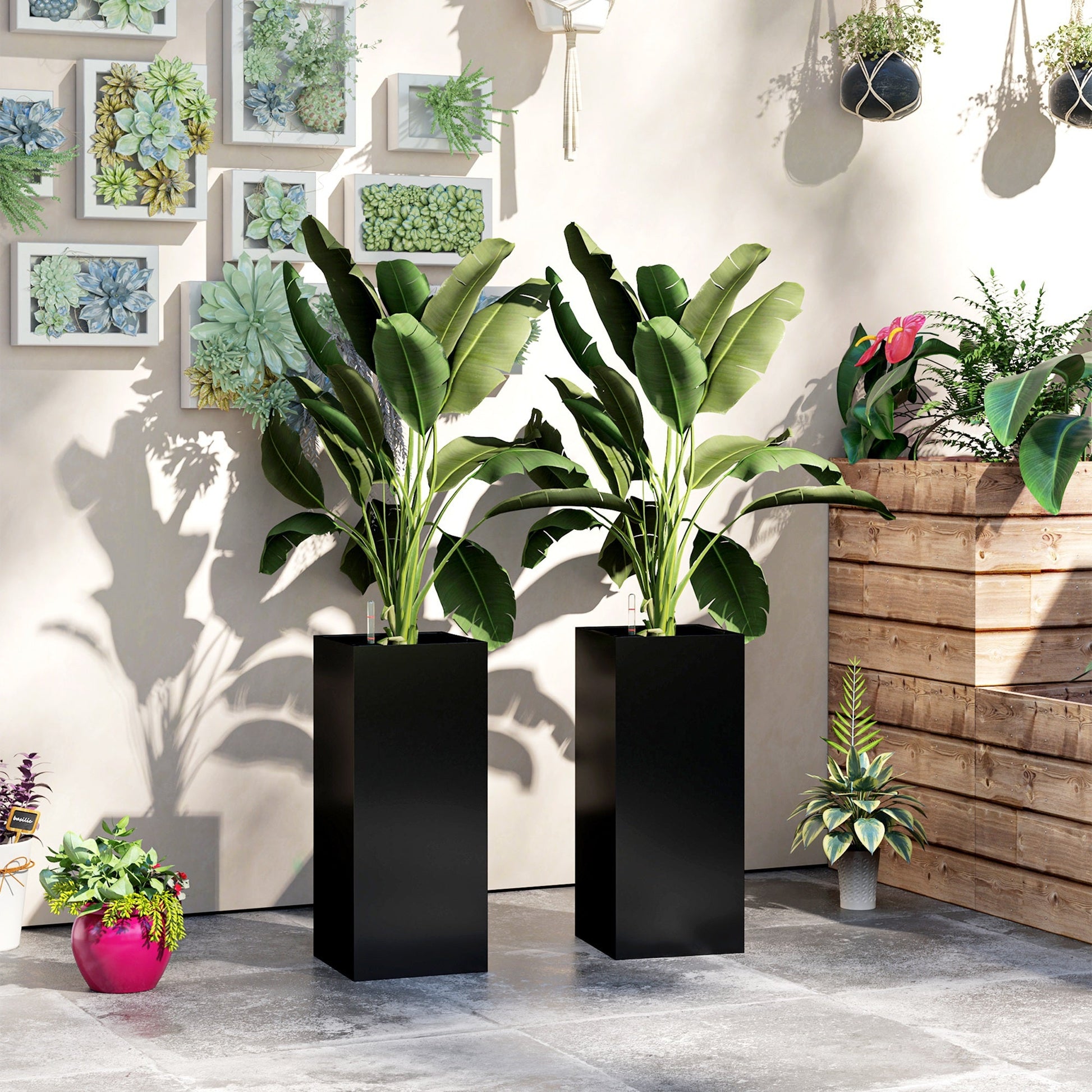 2 Pack Planter Box, 26 Inch Plastic Planter Pots with Water Level Indicator, Flower Pots with Drainage Hole and Drain Plug for Indoor Outdoor, Black