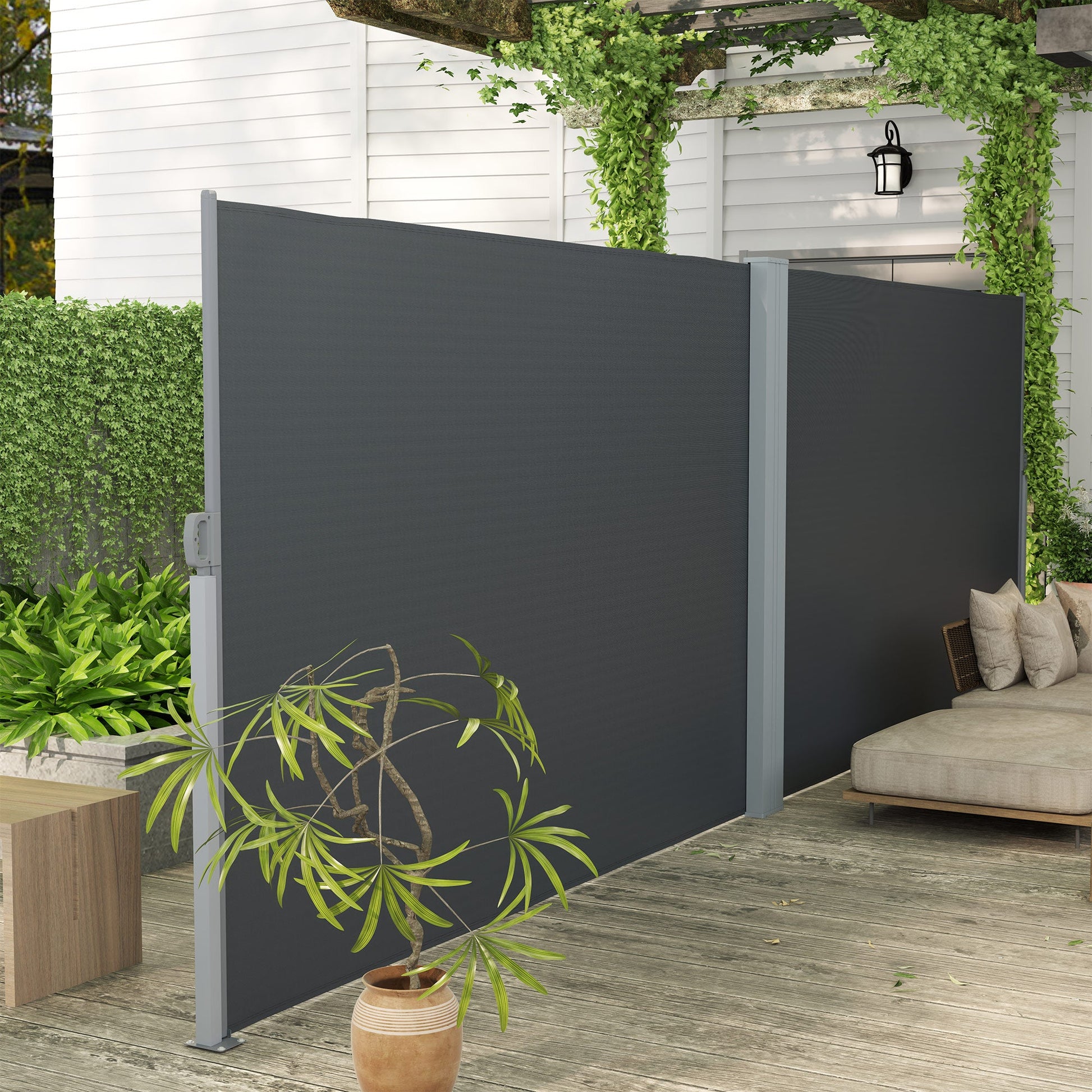 Patio Retractable Double Side Awning, 79"x236" Outdoor Privacy Screen, UV Resistant, Waterproof Room Divider Sun Shade Wind Screen for Garden, Balcony, Charcoal Grey