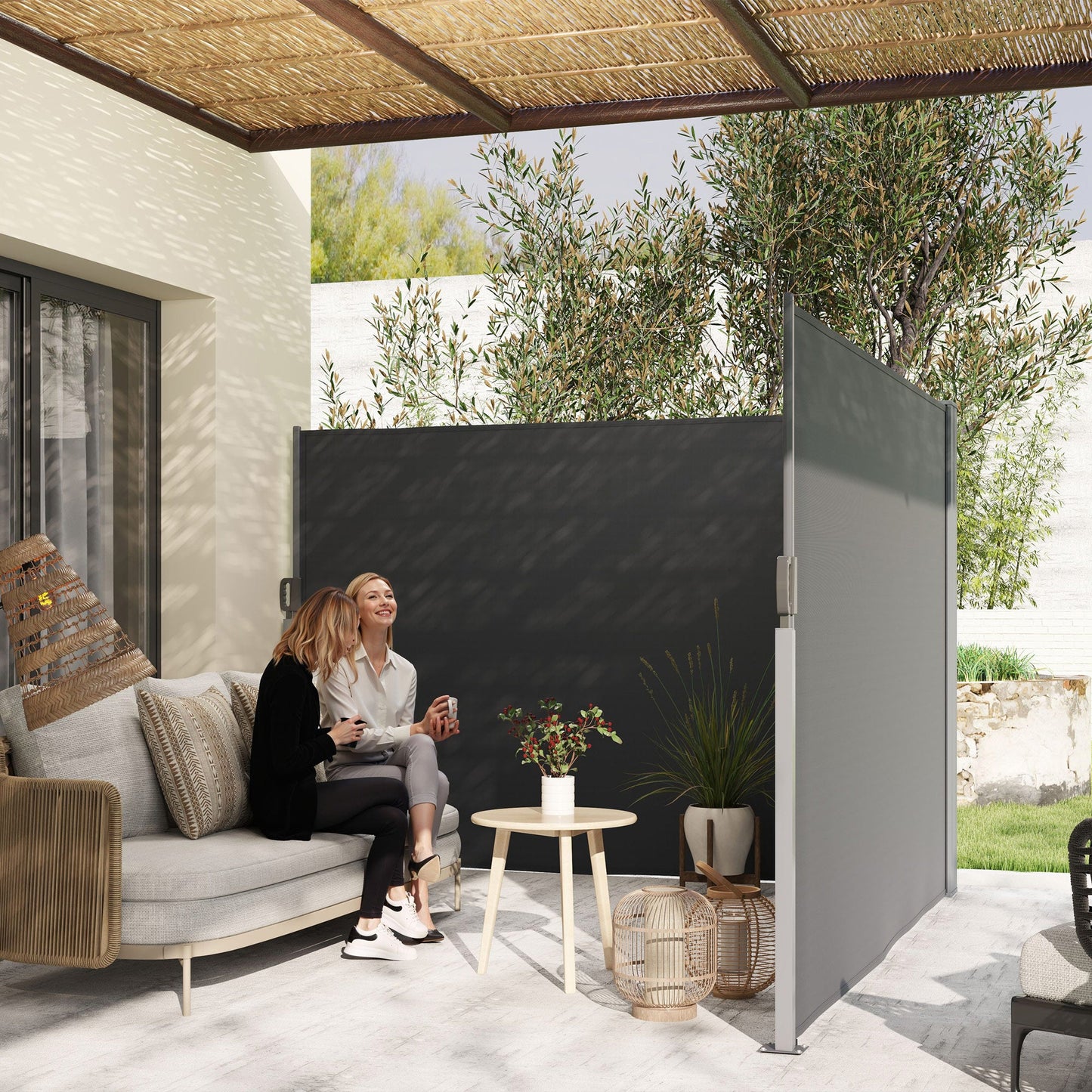 Patio Retractable Double Side Awning, 79"x236" Outdoor Privacy Screen, UV Resistant, Waterproof Room Divider Sun Shade Wind Screen for Garden, Balcony, Charcoal Grey
