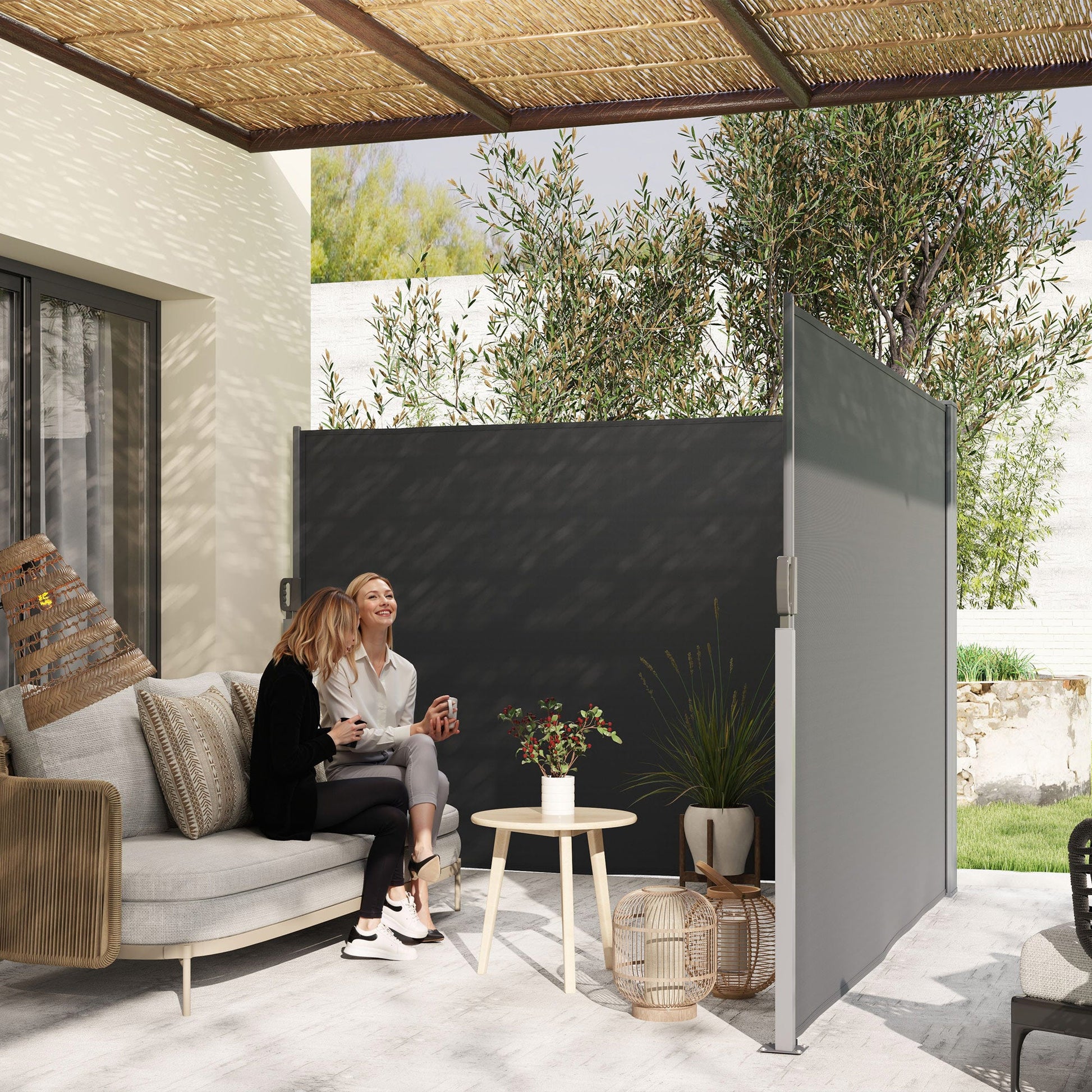 Patio Retractable Double Side Awning, 79"x236" Outdoor Privacy Screen, UV Resistant, Waterproof Room Divider Sun Shade Wind Screen for Garden, Balcony, Charcoal Grey