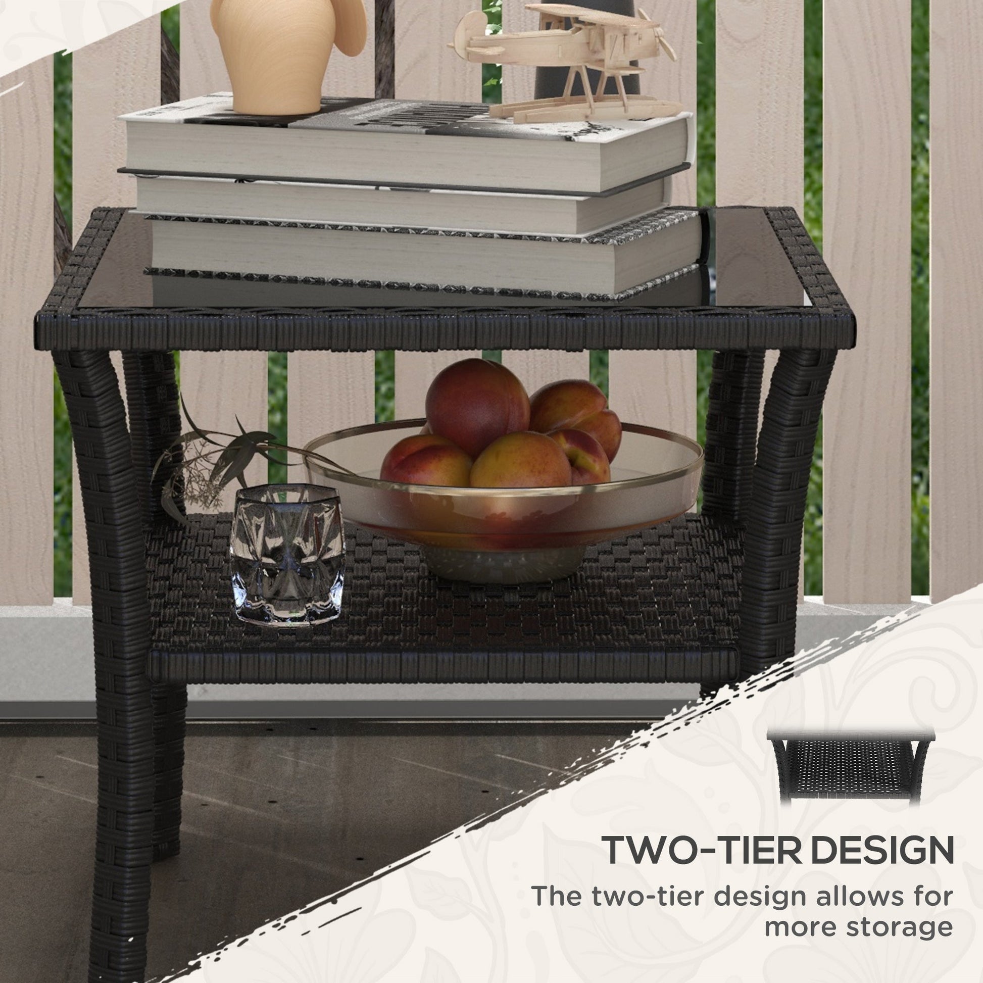20" Patio Wicker Coffee Table, Outdoor PE Rattan Two-tier Side Table with Glass Top, for Patio, Garden, Balcony, Black