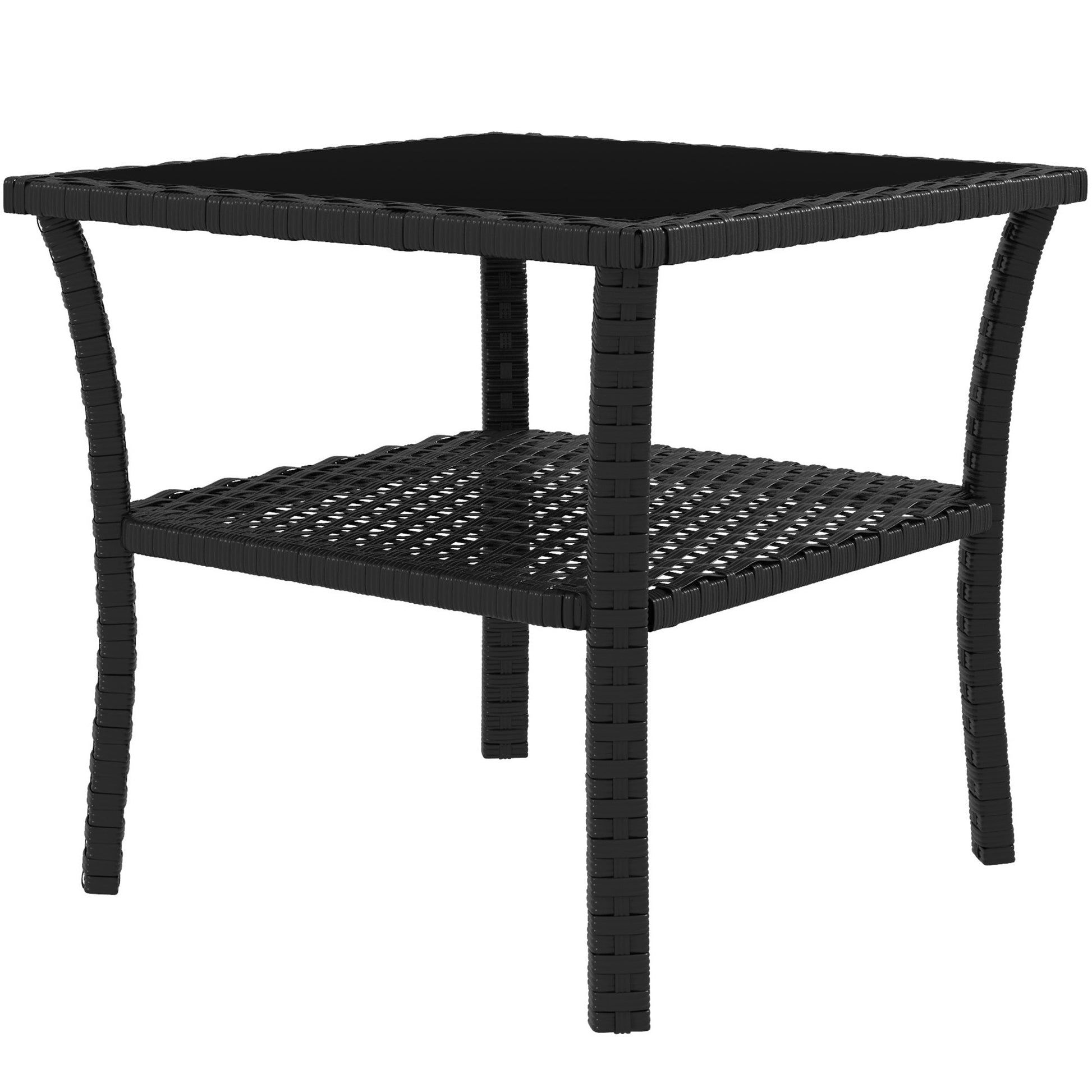 20" Patio Wicker Coffee Table, Outdoor PE Rattan Two-tier Side Table with Glass Top, for Patio, Garden, Balcony, Black