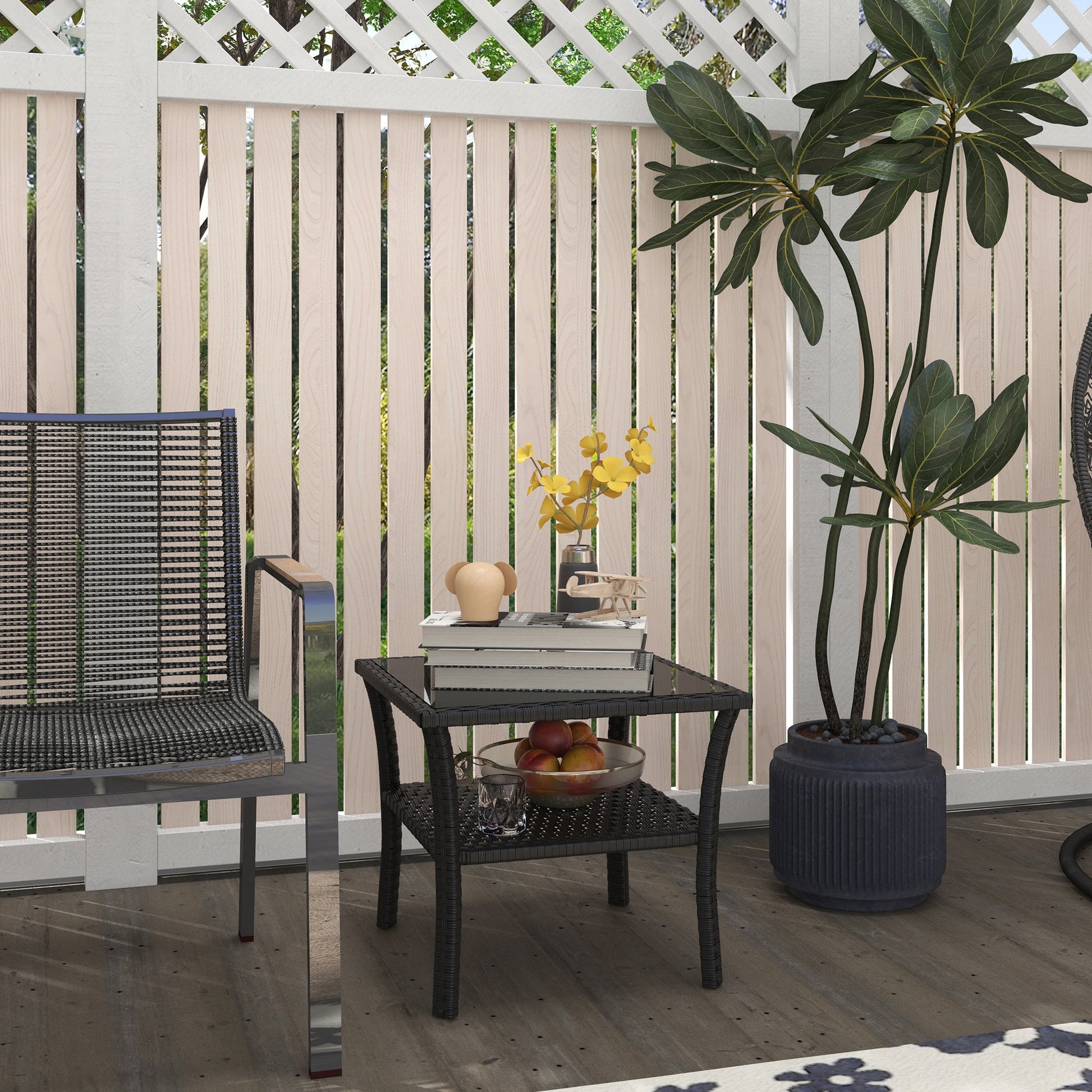 20" Patio Wicker Coffee Table, Outdoor PE Rattan Two-tier Side Table with Glass Top, for Patio, Garden, Balcony, Black