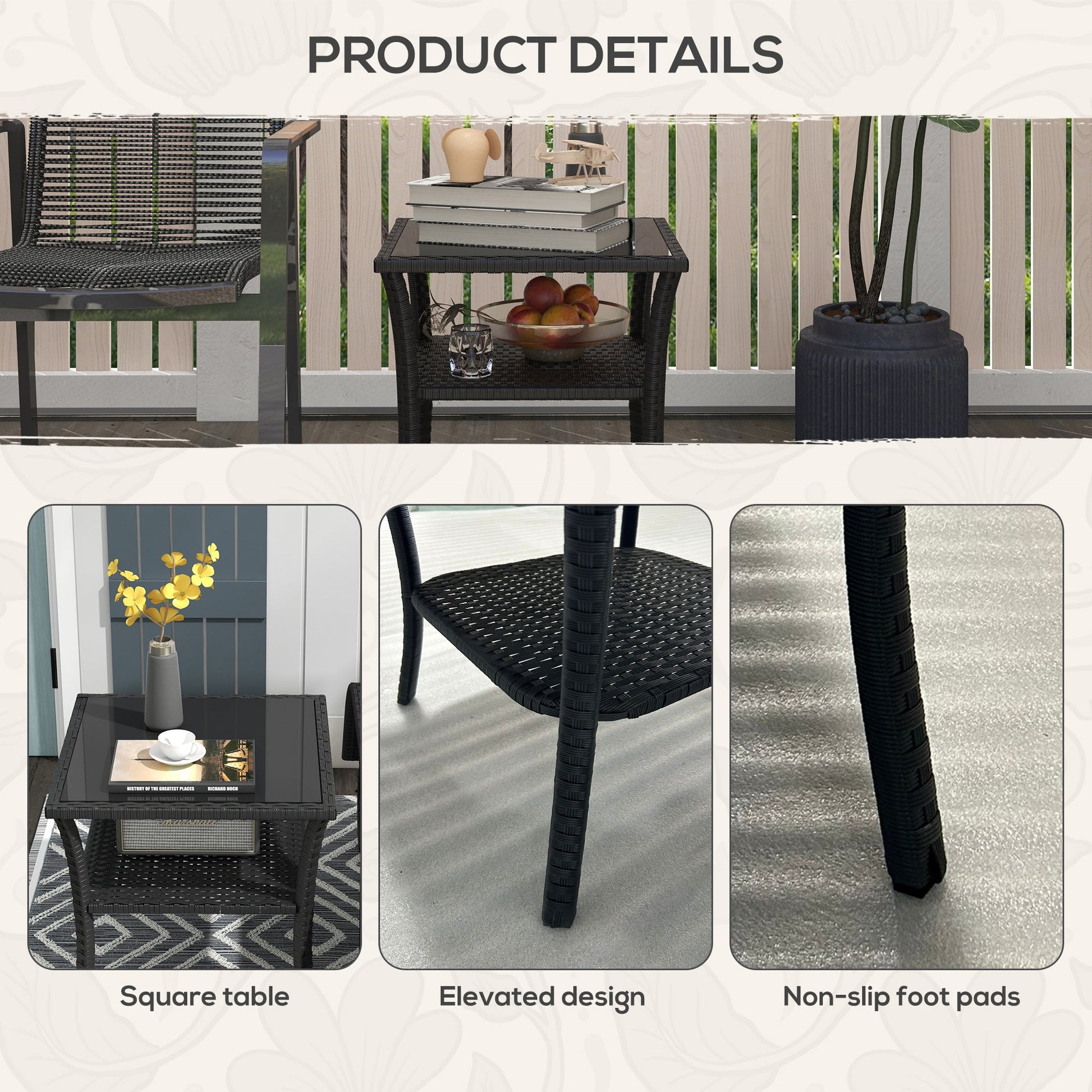 20" Patio Wicker Coffee Table, Outdoor PE Rattan Two-tier Side Table with Glass Top, for Patio, Garden, Balcony, Black