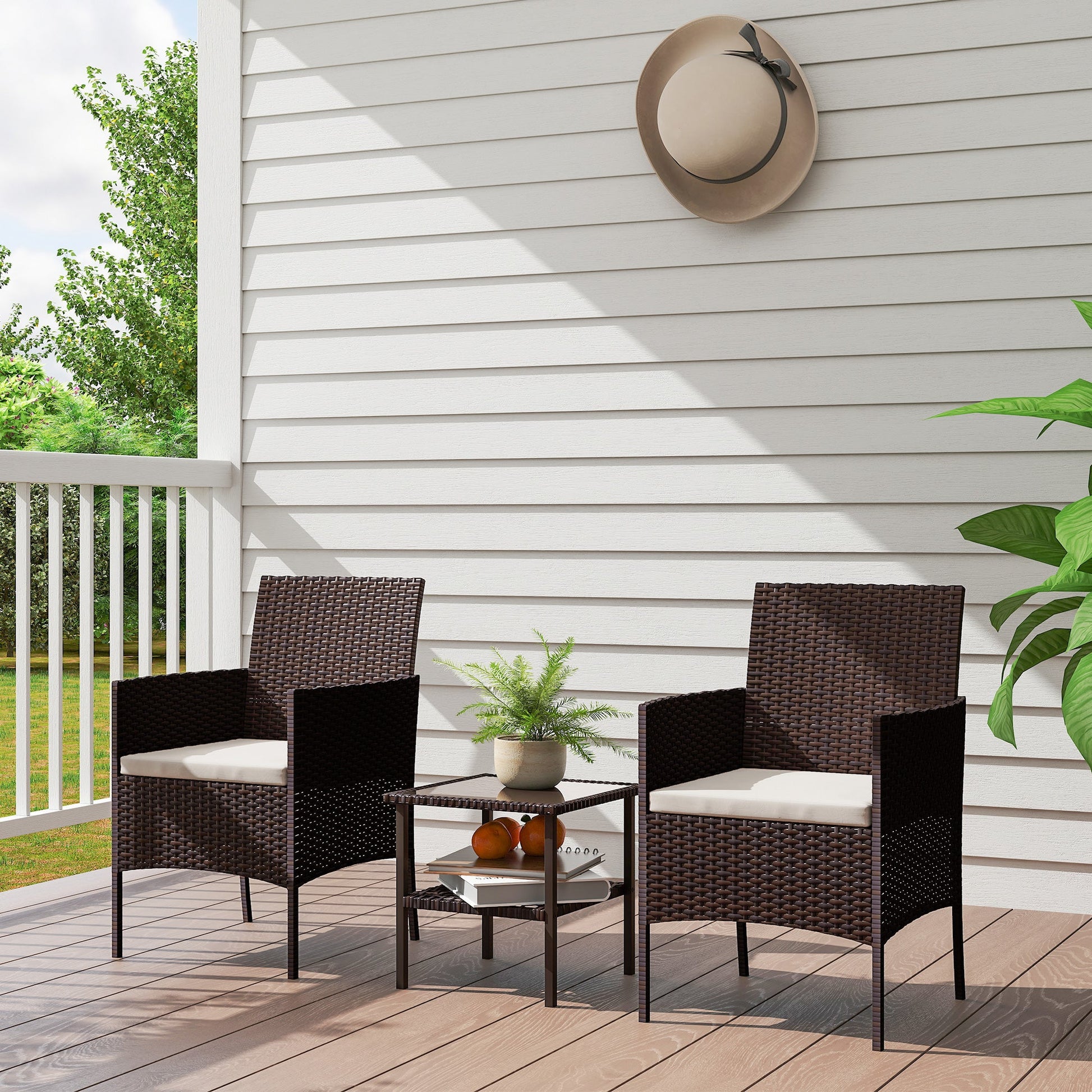 3 Pieces Wicker Patio Furniture Set, Rattan Bistro Set with 2 Patio Chairs, 2-Tier Square Glass Table, Cushions, Outdoor Conversation Furniture for Porch, Balcony, Beige