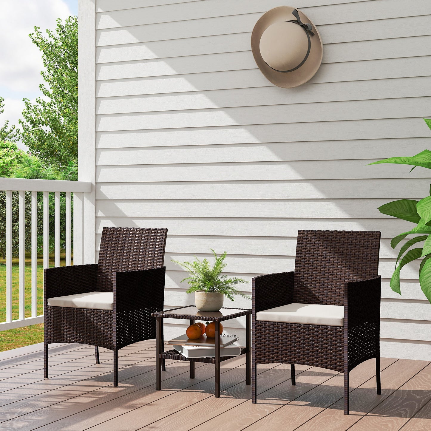 3 Pieces Wicker Patio Furniture Set, Rattan Bistro Set with 2 Patio Chairs, 2-Tier Square Glass Table, Cushions, Outdoor Conversation Furniture for Porch, Balcony, Beige