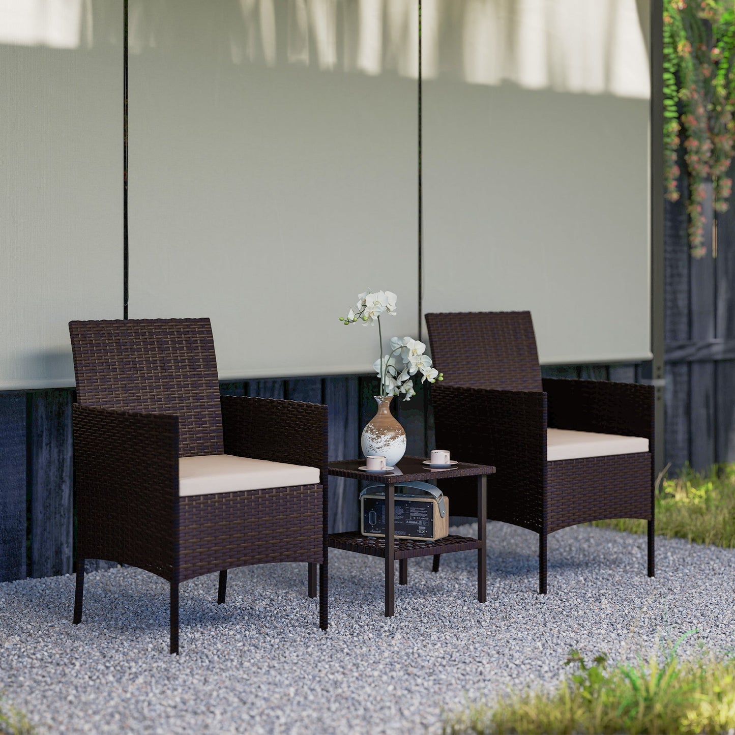 3 Pieces Wicker Patio Furniture Set, Rattan Bistro Set with 2 Patio Chairs, 2-Tier Square Glass Table, Cushions, Outdoor Conversation Furniture for Porch, Balcony, Beige