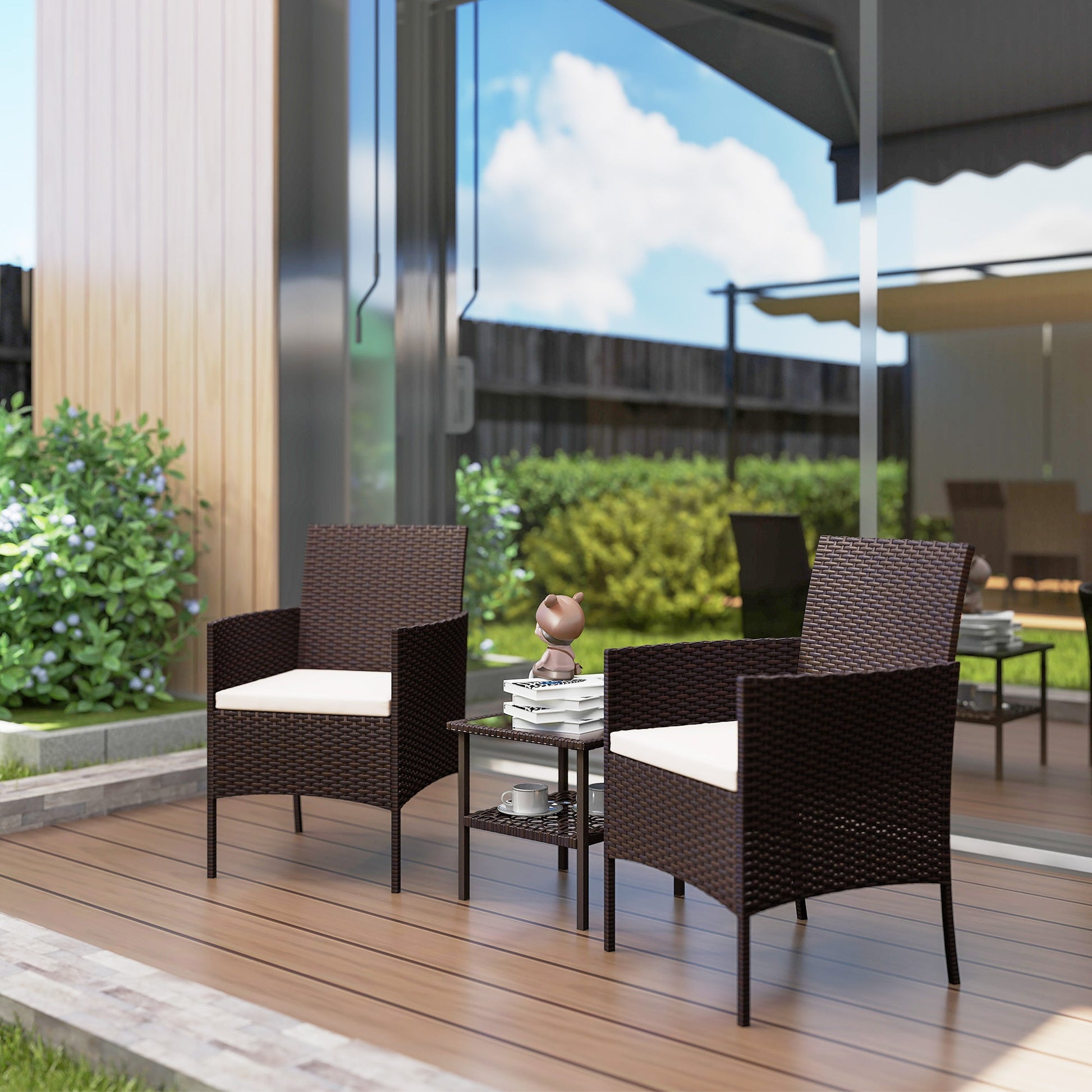 3 Pieces Wicker Patio Furniture Set, Rattan Bistro Set with 2 Patio Chairs, 2-Tier Square Glass Table, Cushions, Outdoor Conversation Furniture for Porch, Balcony, Beige