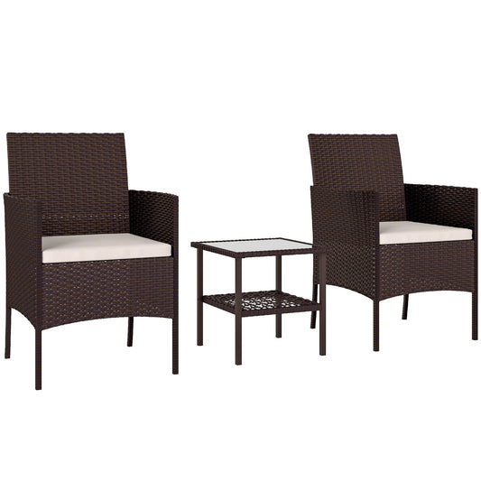 3 Pieces Wicker Patio Furniture Set, Rattan Bistro Set with 2 Patio Chairs, 2-Tier Square Glass Table, Cushions, Outdoor Conversation Furniture for Porch, Balcony, Beige