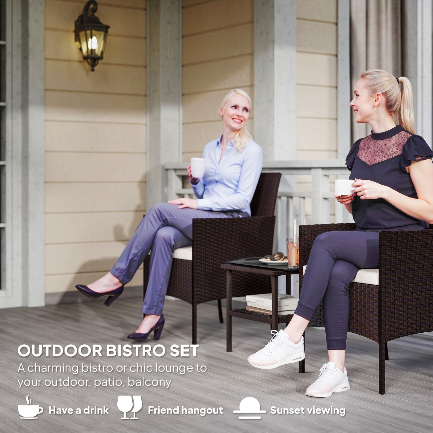 3 Pieces Wicker Patio Furniture Set, Rattan Bistro Set with 2 Patio Chairs, 2-Tier Square Glass Table, Cushions, Outdoor Conversation Furniture for Porch, Balcony, Beige