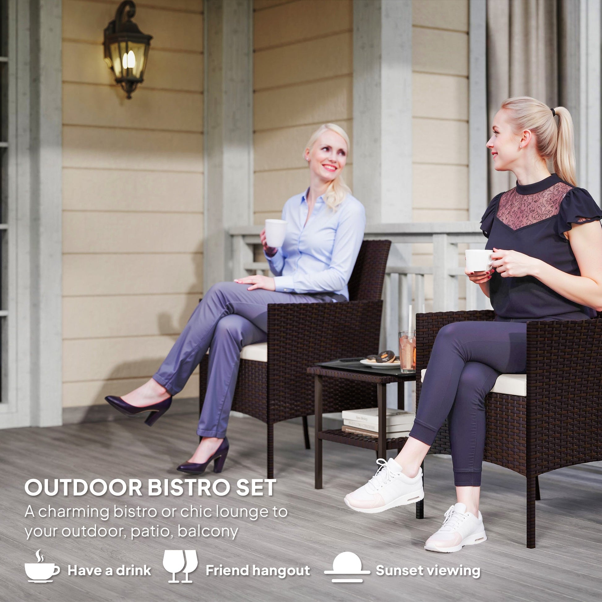 3 Pieces Wicker Patio Furniture Set, Rattan Bistro Set with 2 Patio Chairs, 2-Tier Square Glass Table, Cushions, Outdoor Conversation Furniture for Porch, Balcony, Beige