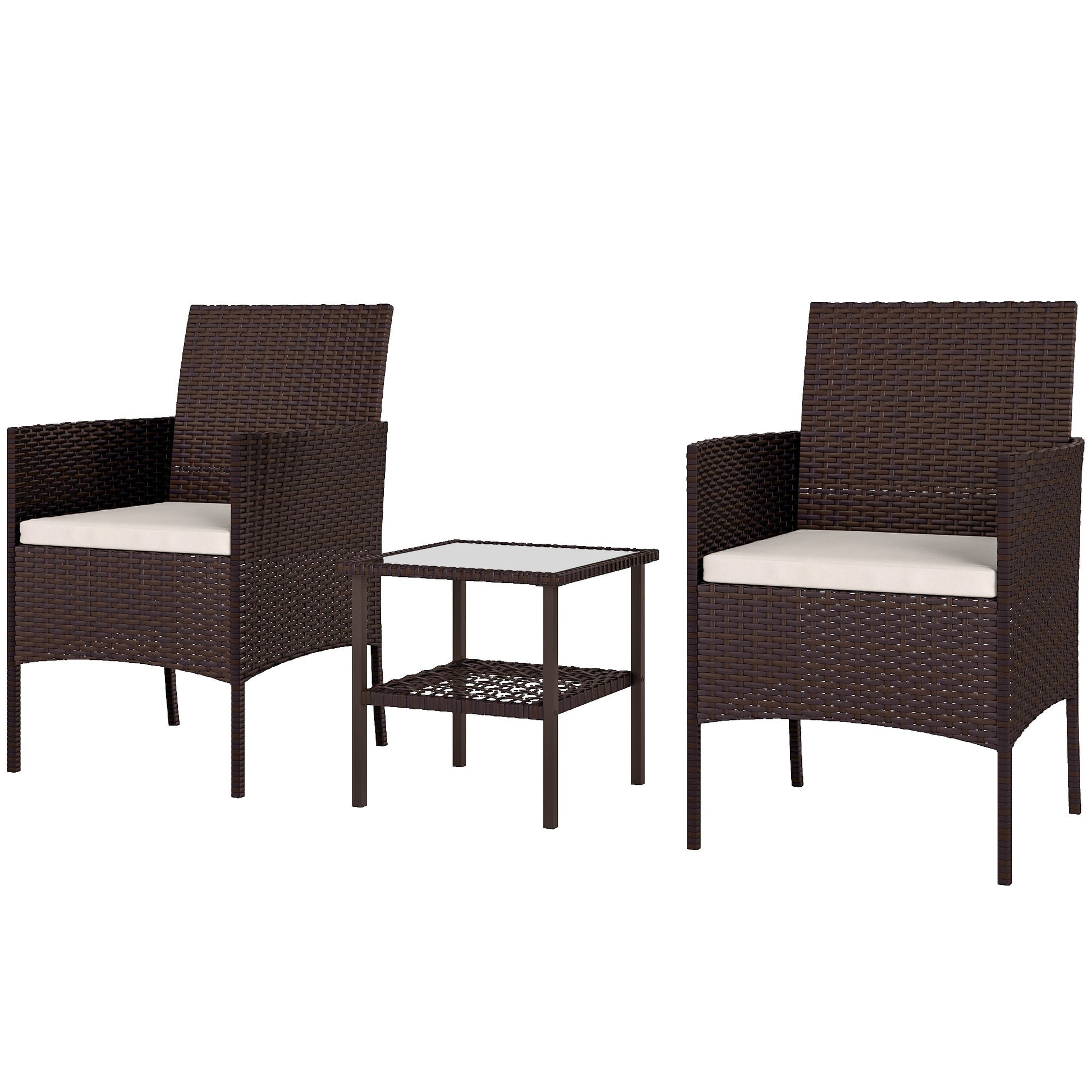 3 Pieces Wicker Patio Furniture Set, Rattan Bistro Set with 2 Patio Chairs, 2-Tier Square Glass Table, Cushions, Outdoor Conversation Furniture for Porch, Balcony, Beige