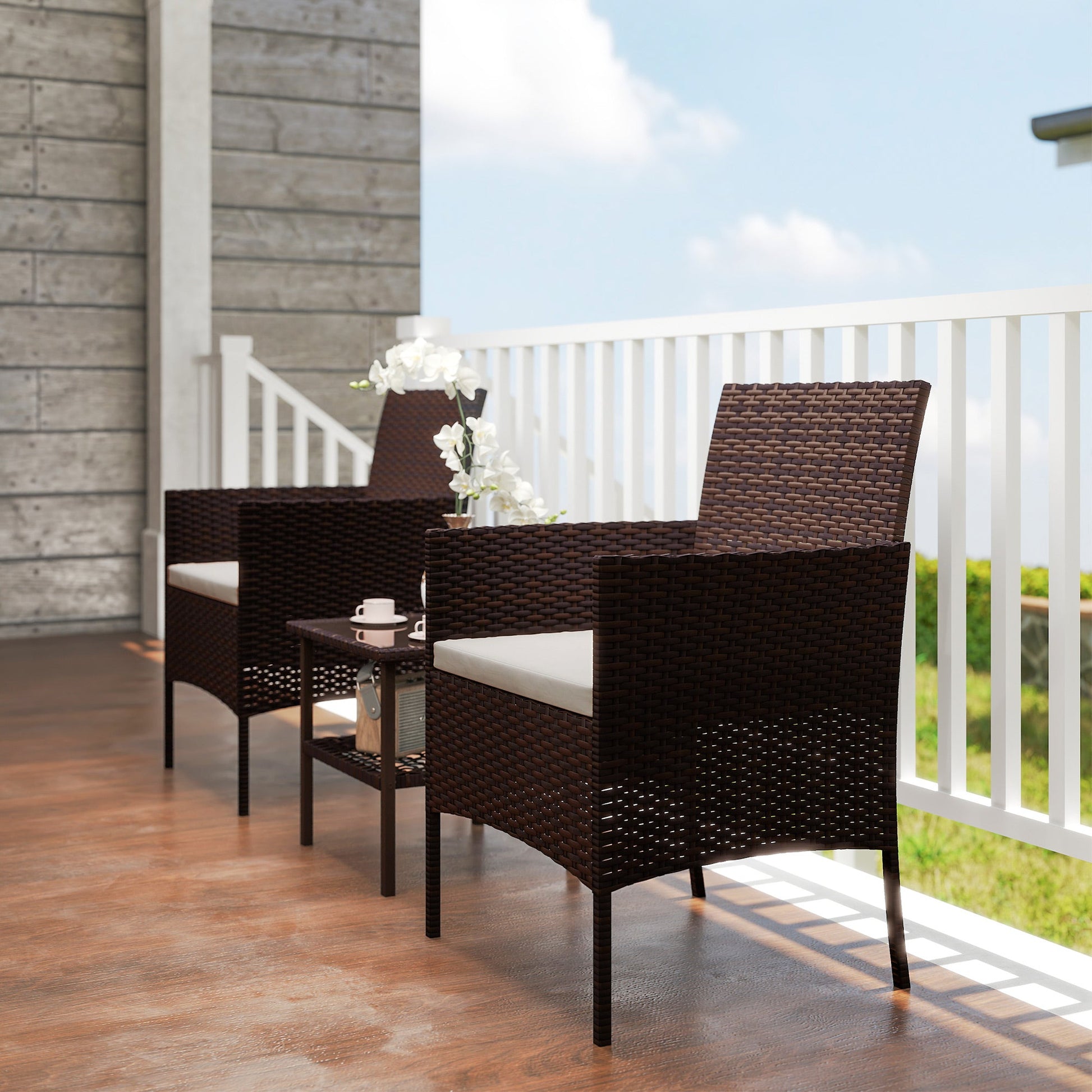 3 Pieces Wicker Patio Furniture Set, Rattan Bistro Set with 2 Patio Chairs, 2-Tier Square Glass Table, Cushions, Outdoor Conversation Furniture for Porch, Balcony, Beige