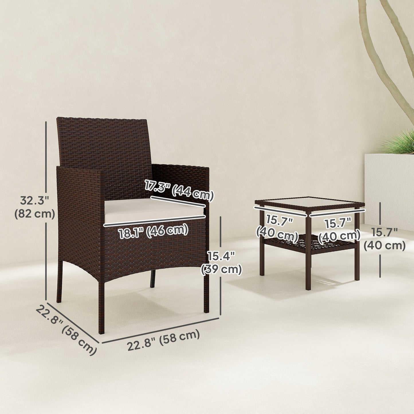 3 Pieces Wicker Patio Furniture Set, Rattan Bistro Set with 2 Patio Chairs, 2-Tier Square Glass Table, Cushions, Outdoor Conversation Furniture for Porch, Balcony, Beige