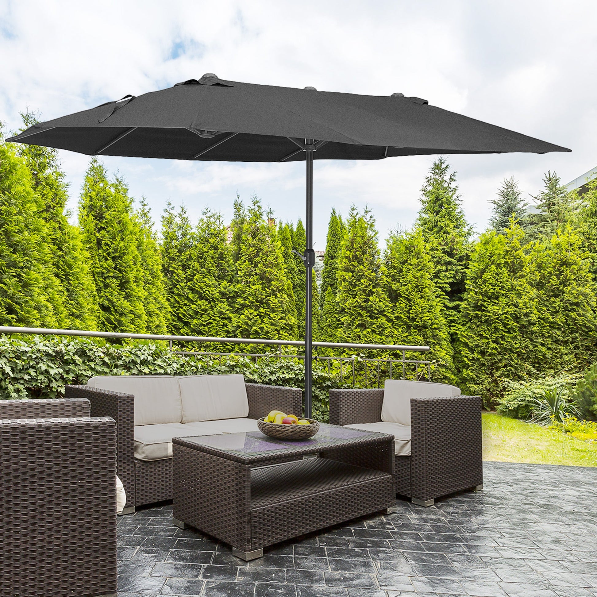 15ft Double-sided Patio Umbrella with Twin Canopy, Extra Large Outdoor Parasol with Crank for Pool, Deck, Market, Black
