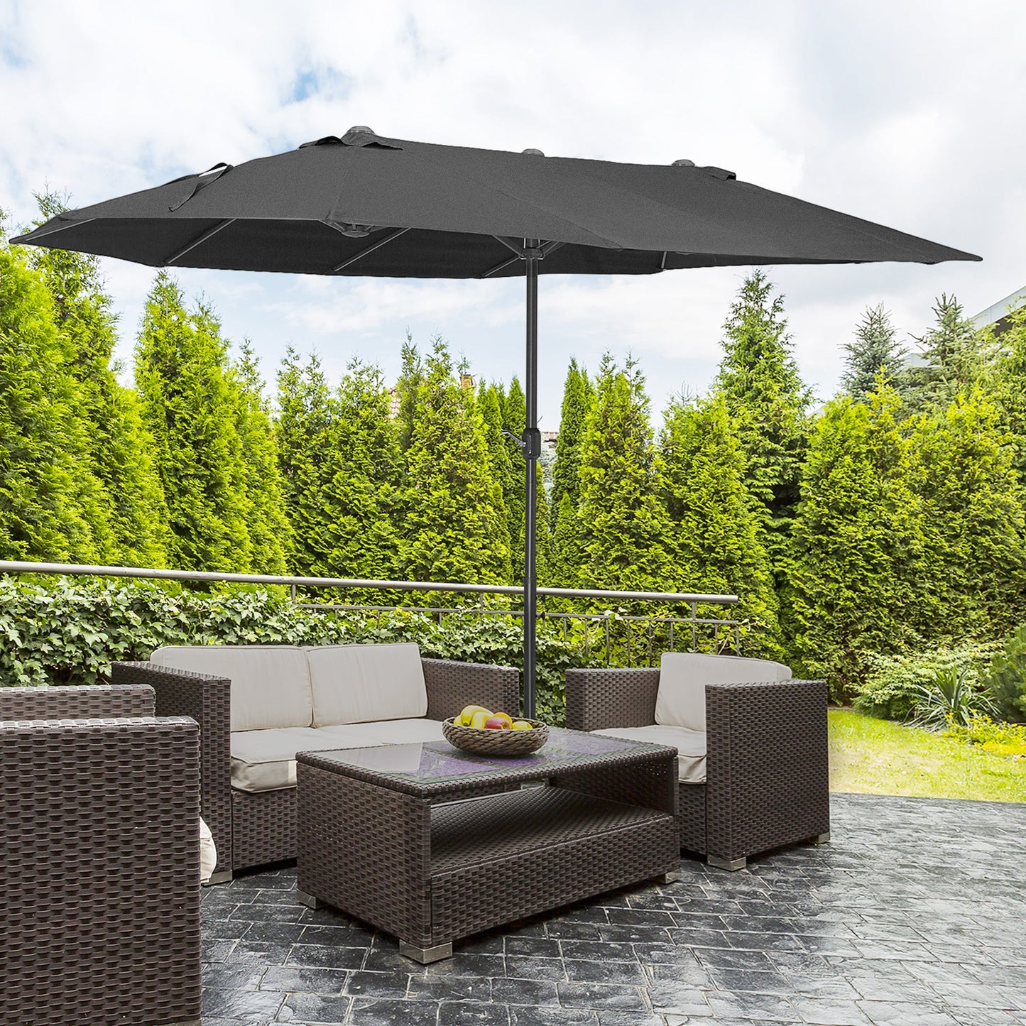 15ft Double-sided Patio Umbrella with Twin Canopy, Extra Large Outdoor Parasol with Crank for Pool, Deck, Market, Black