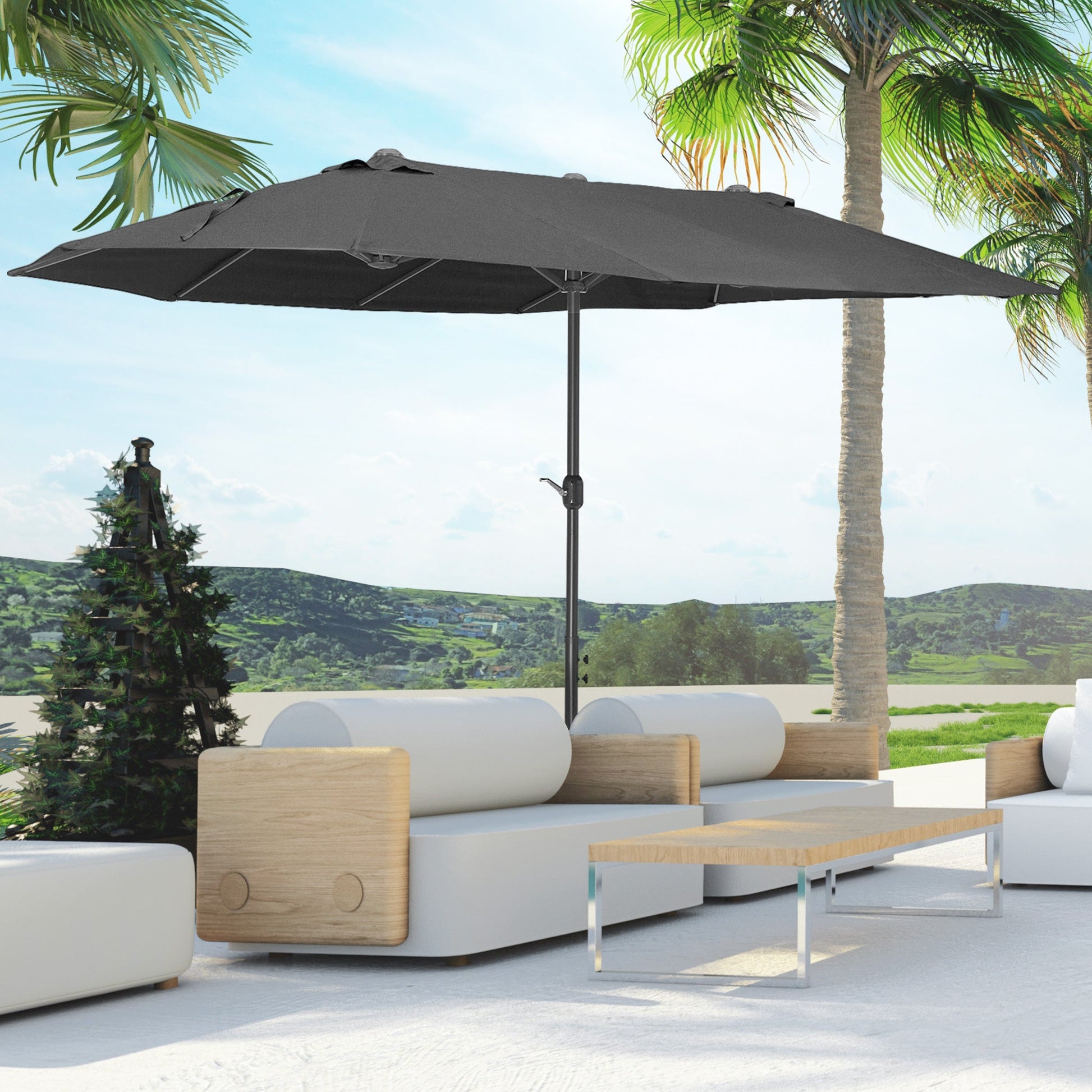 15ft Double-sided Patio Umbrella with Twin Canopy, Extra Large Outdoor Parasol with Crank for Pool, Deck, Market, Black