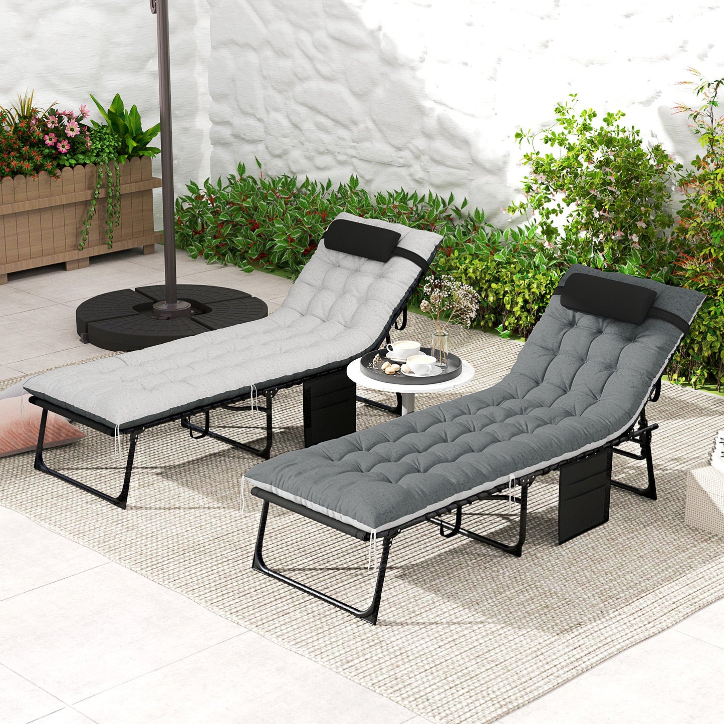 Folding Outdoor Lounge Chair Set of 2, 5-Position Reclining Patio Chaise Lounge Chairs, Tanning Chair with Cushion, Headrest, Side Pocket for Beach, Poolside, Black/Grey